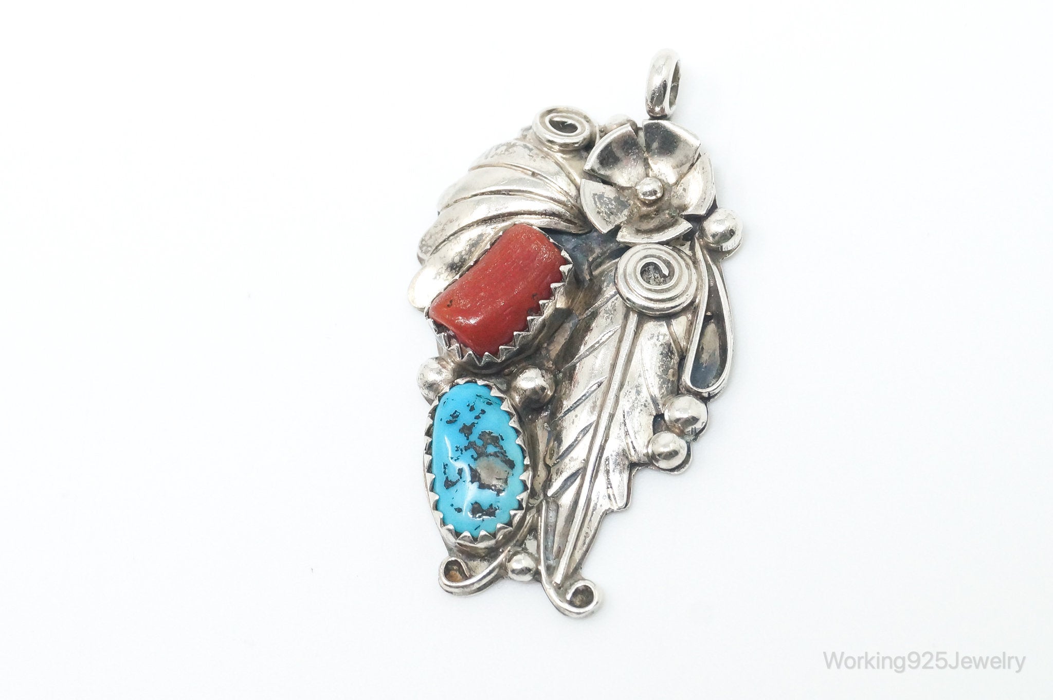 Vintage Native American Unsigned Turquoise Coral Sterling Silver Pendant