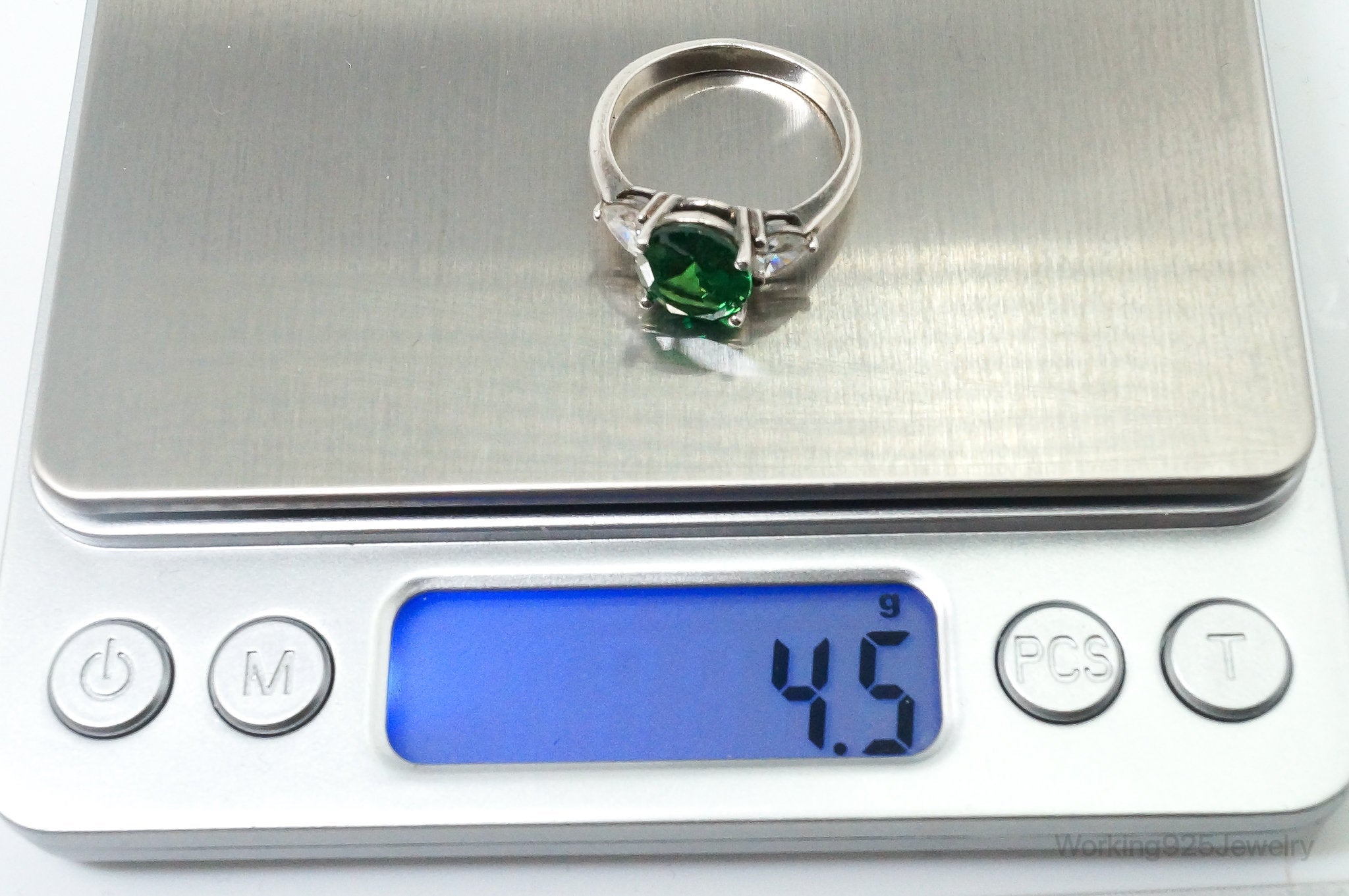 Vintage Simulated Emerald DQCZ Accented Sterling Silver Ring SZ 8.5