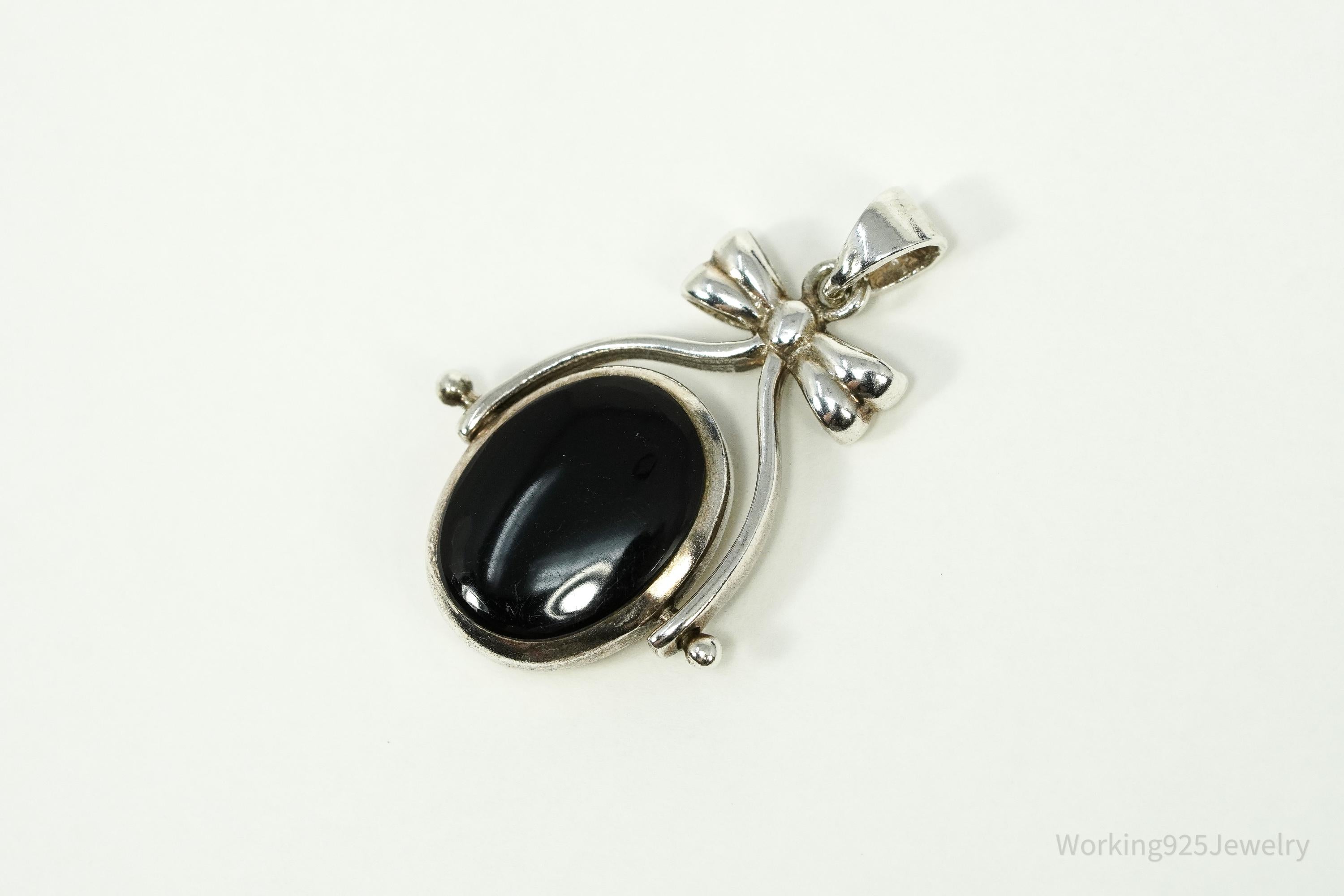 Vintage Black Onyx & Mother Of Pearl Spinning Fob Sterling Silver Pendant