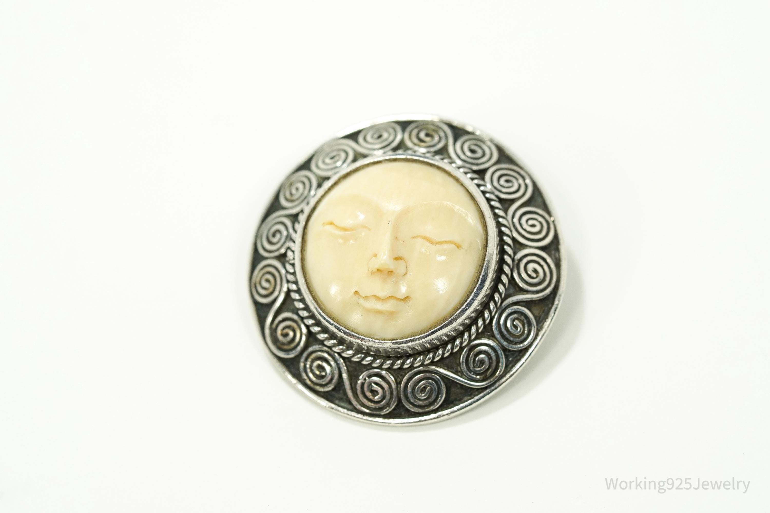 Vintage Carved Sleeping Moon Face Sterling Silver Pendant