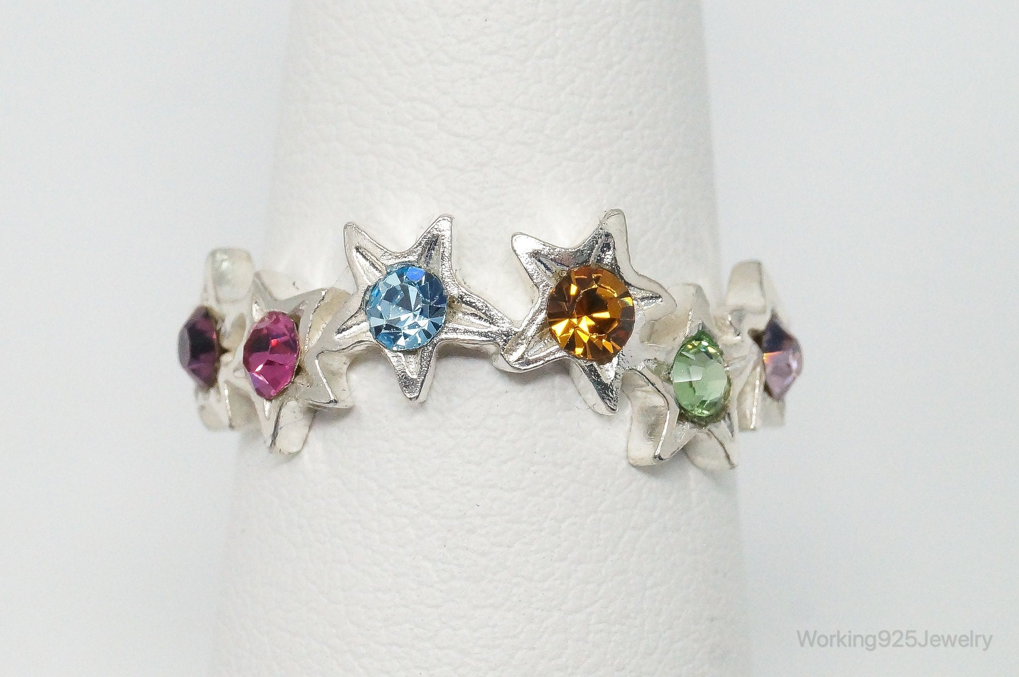 Vintage Multi Color Crystals Stars Sterling Silver Ring - Size 7.25