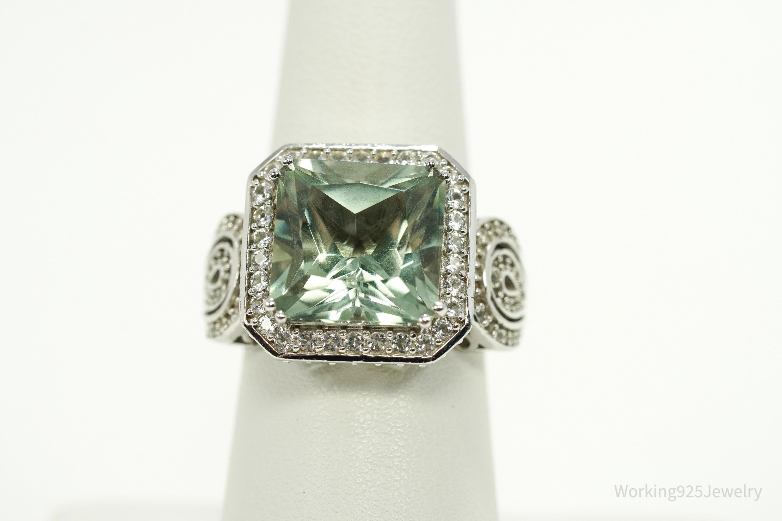 Large Green Amethyst & White Topaz Sterling Silver Ring - Size 7