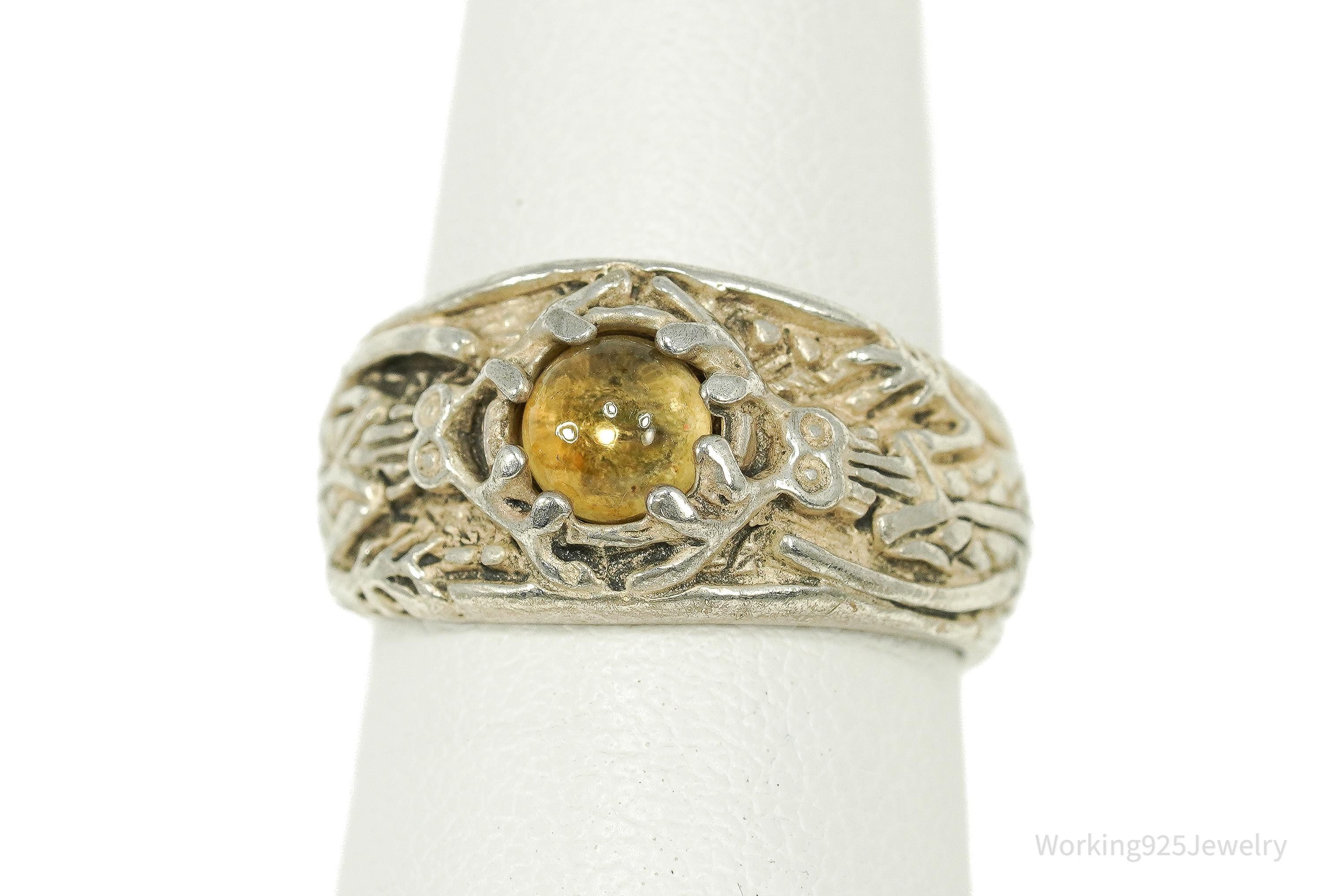 Vintage Citrine Ornate Sterling Silver Ring - Size 4.75