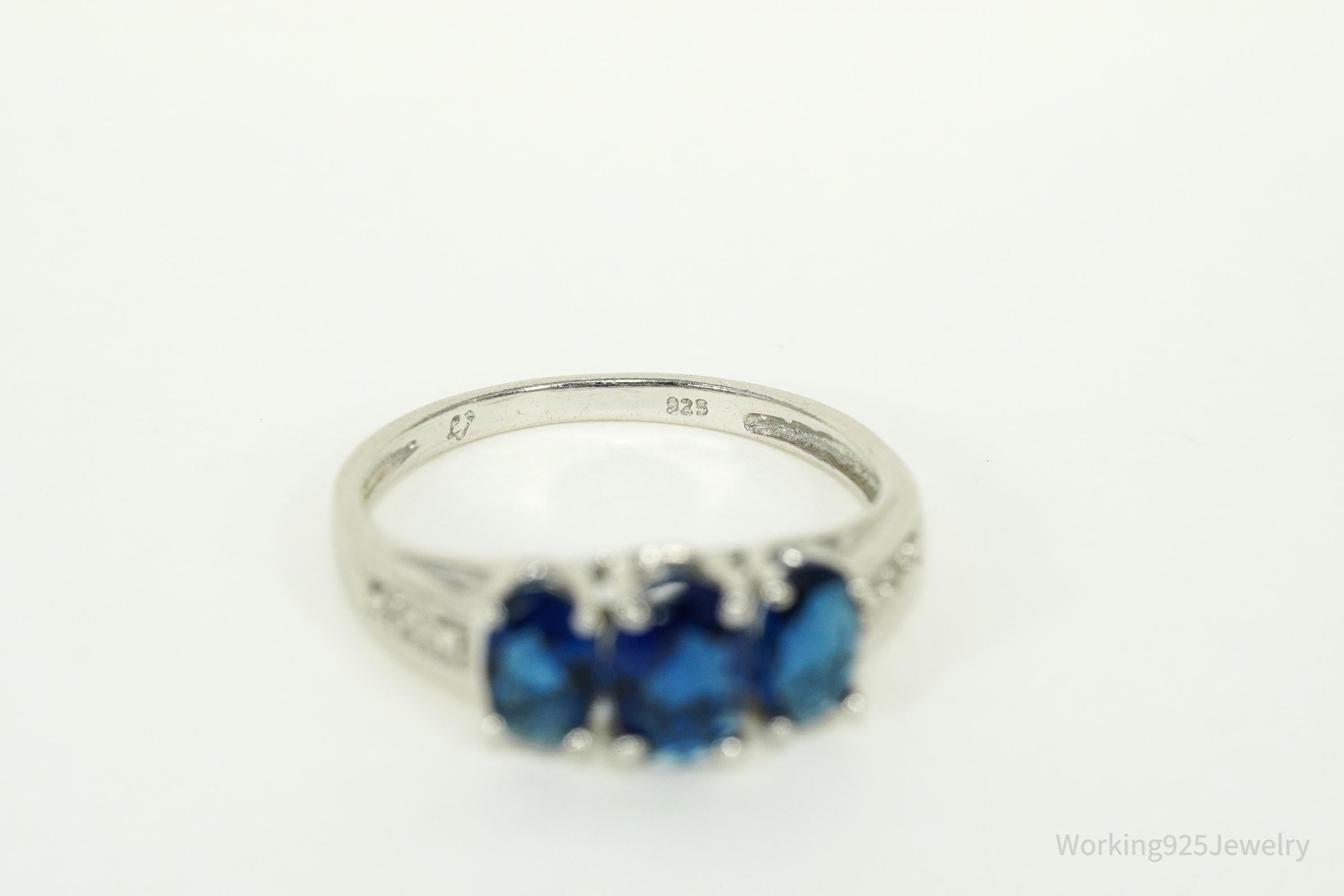 Vintage Blue Simulated Sapphires & 2 Diamonds Sterling Silver Ring - Size 7.25