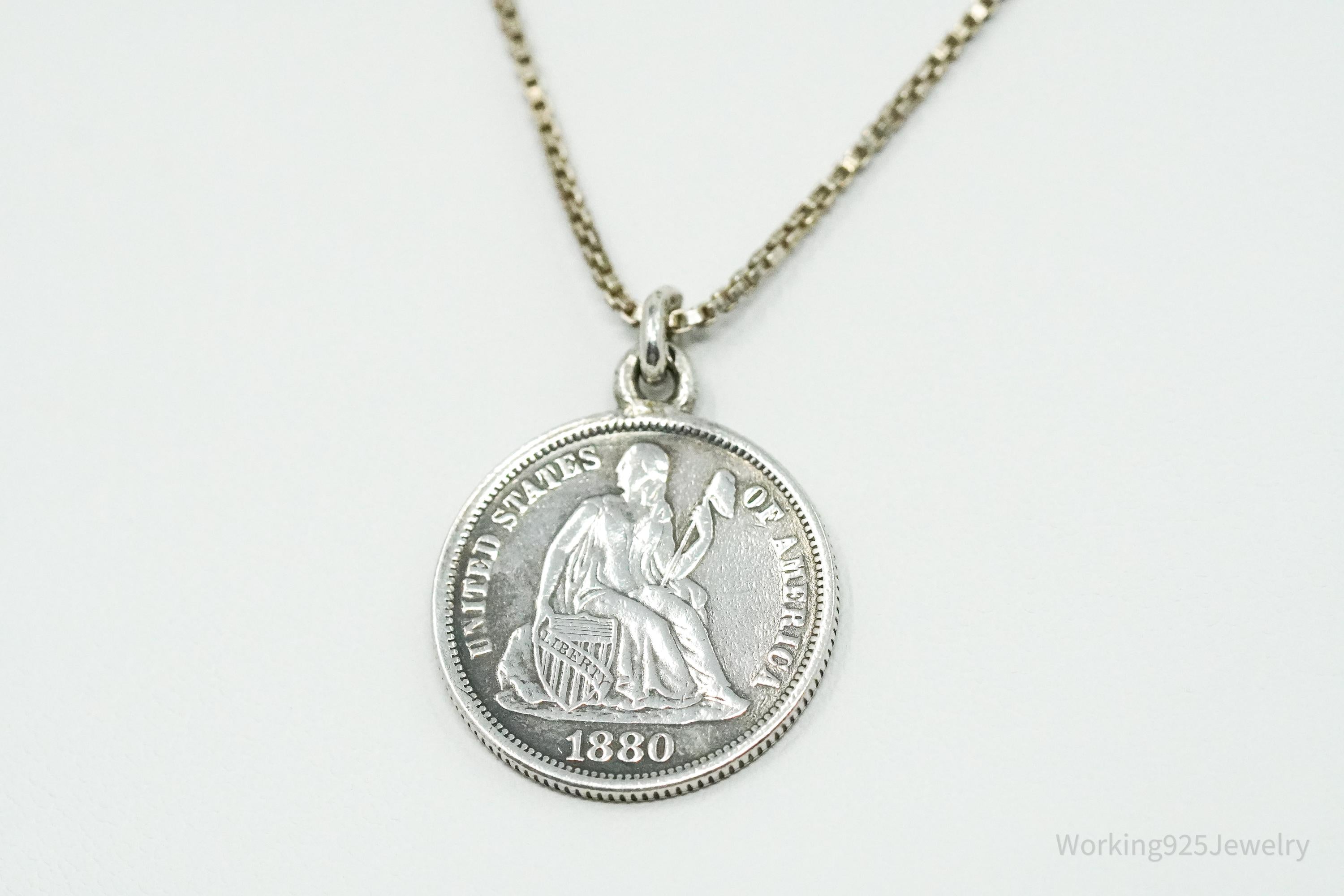 Antique Vintage 1880 Seated Liberty Dime Coin Sterling Silver Chain Necklace - 16"