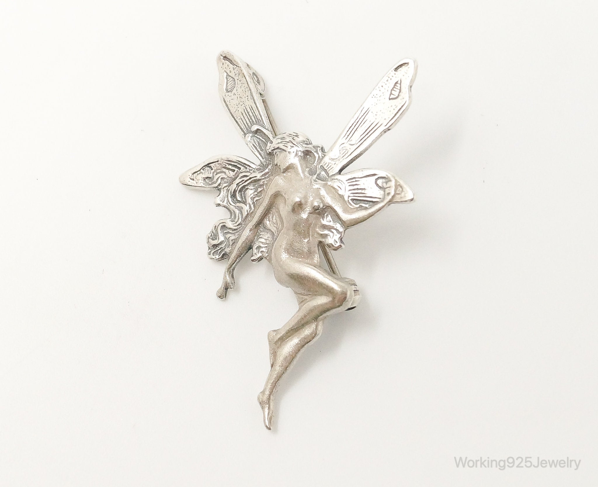 Vintage Fairy In Flight Sterling Silver Brooch Pin