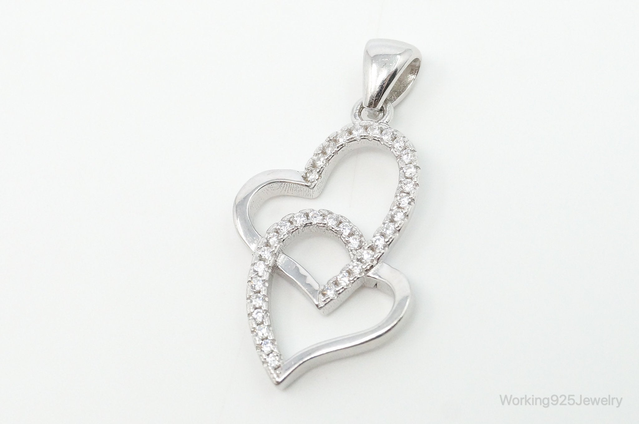 Vintage Open Hearts Cubic Zirconia Accented Sterling Silver Necklace Pendant