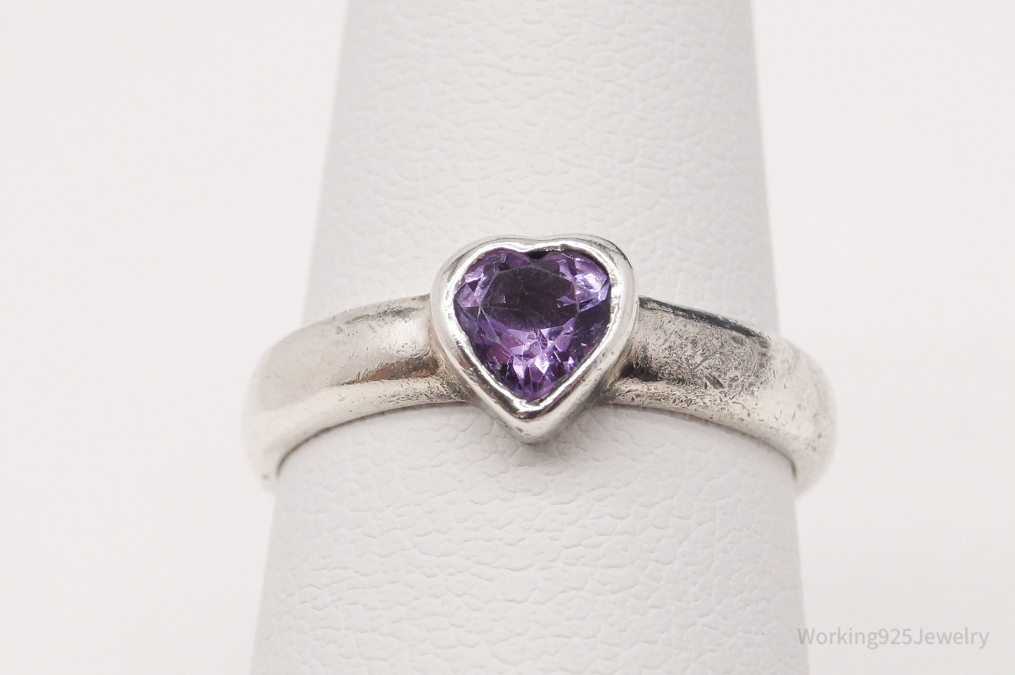 Vintage Amethyst Heart Sterling Silver Ring - Size 5.75