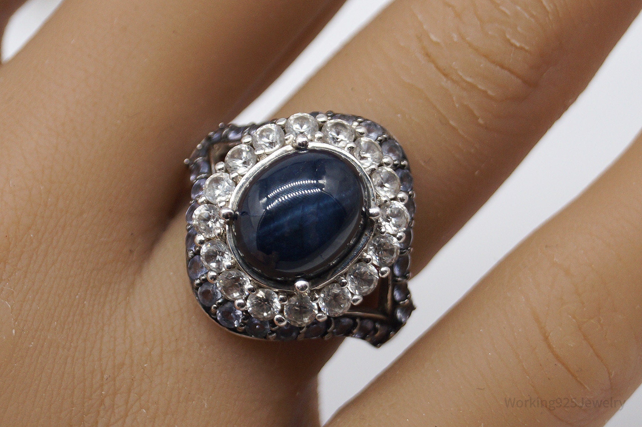 Blue Star Sapphire Iolite White Topaz Sterling Silver Ring - Size 7