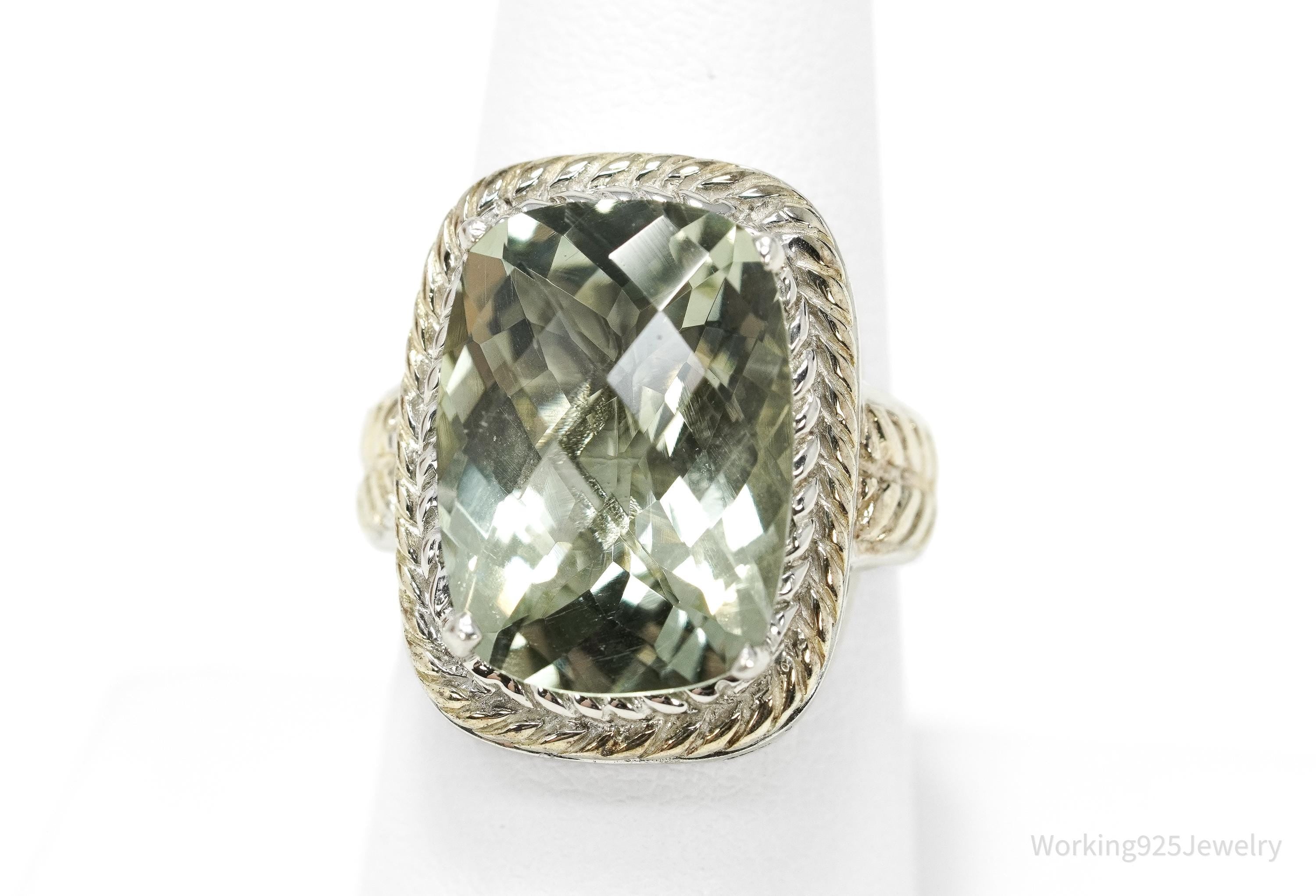 Vintage Large Prasiolite Gold Vermeil Sterling Silver Statement Ring - Size 8.25
