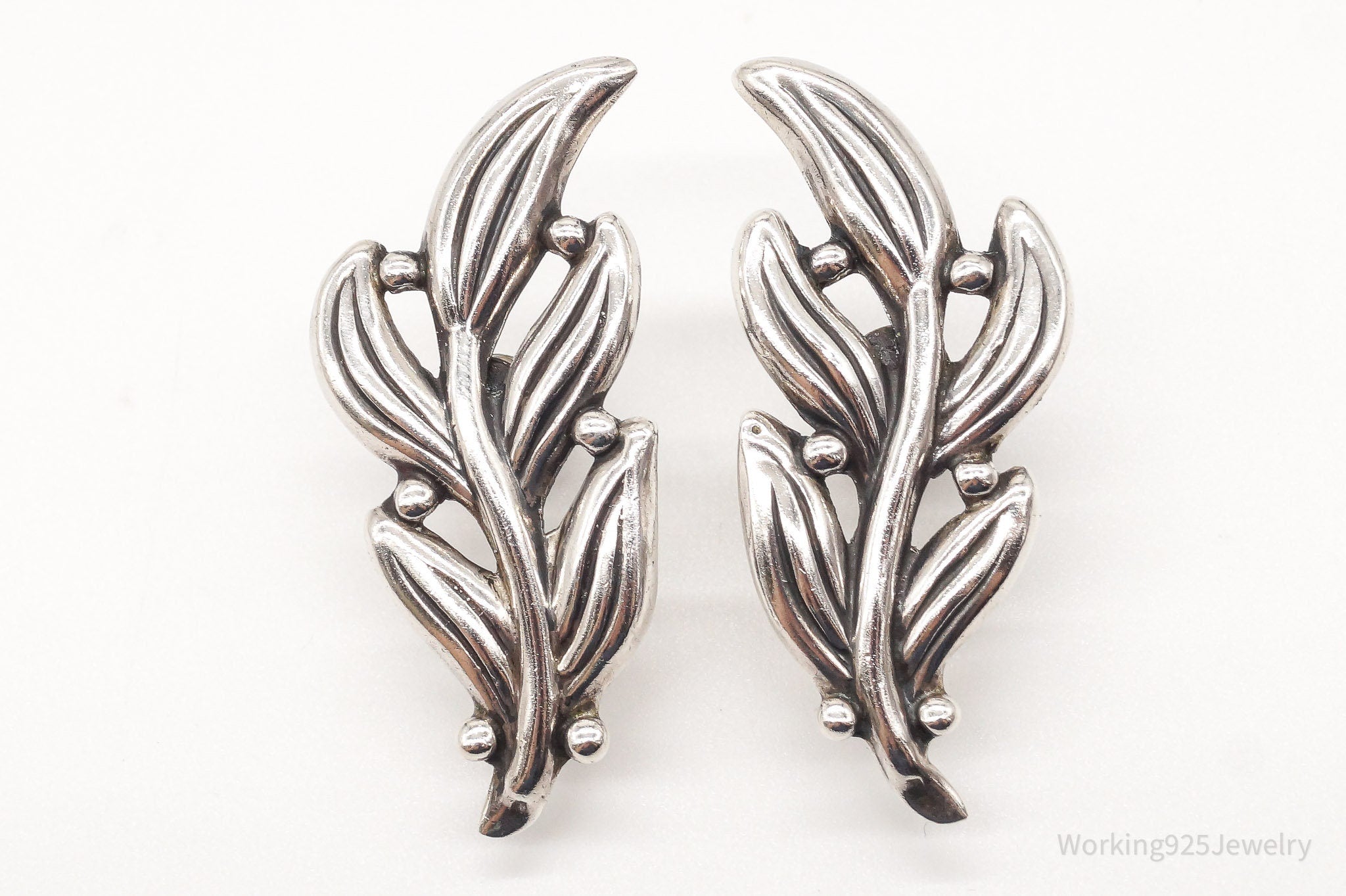 Vintage Mexico Modernist Hilario Lopez Fern & Spore Sterling Silver Earrings