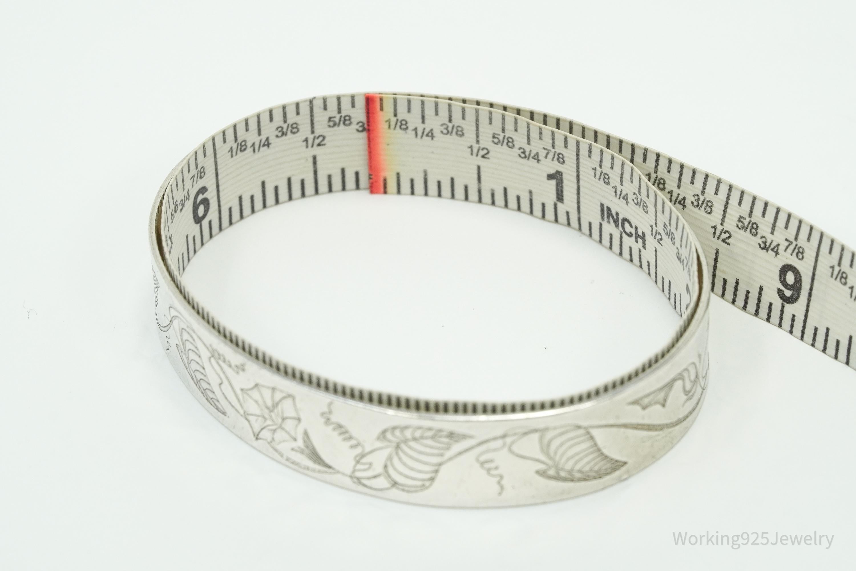 Vintage Floral Pattern Flowers Sterling Silver Cuff Bracelet 6.75"