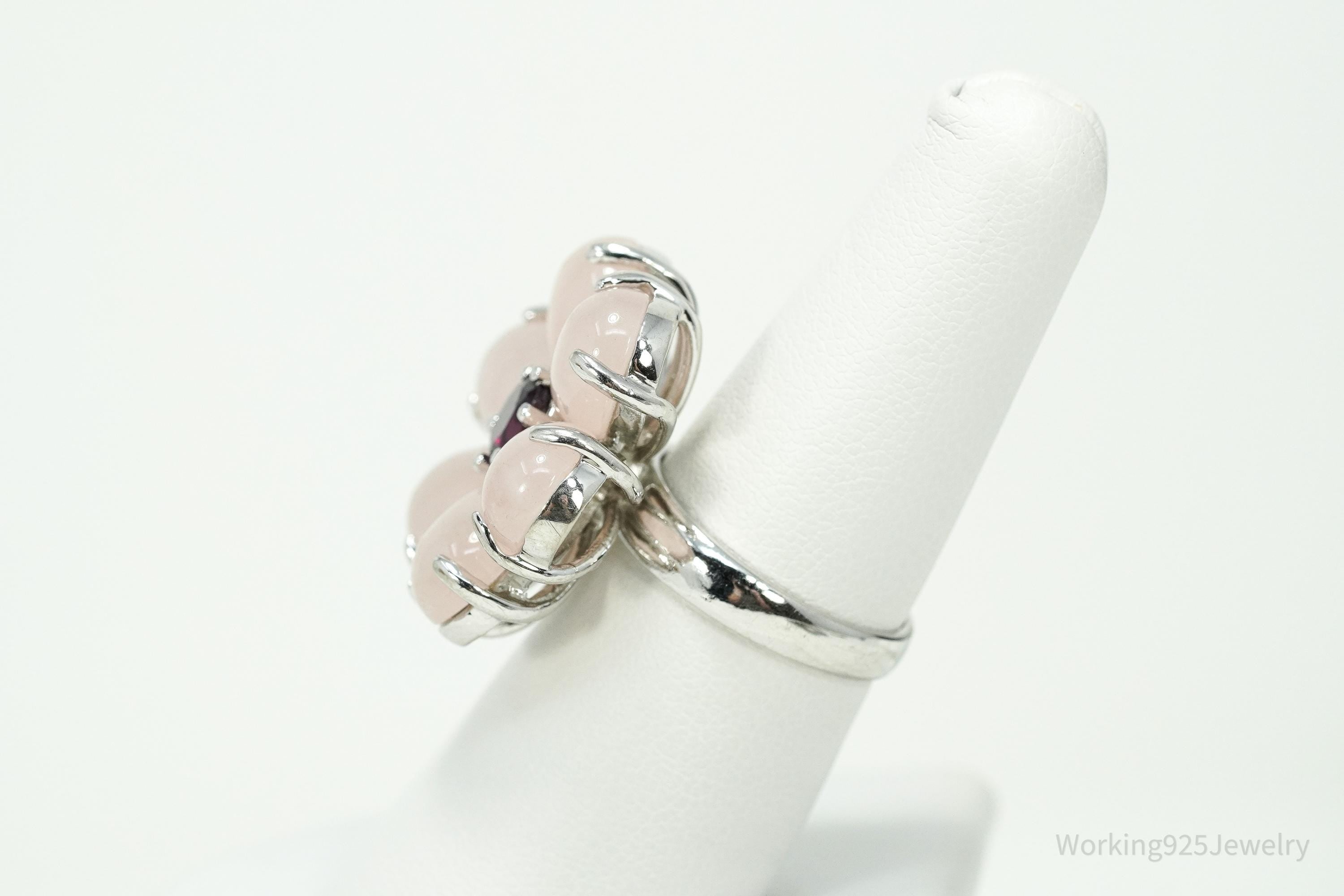 Rose Quartz & Rhodolite Garnet Sterling Silver Flower Ring - Size 7