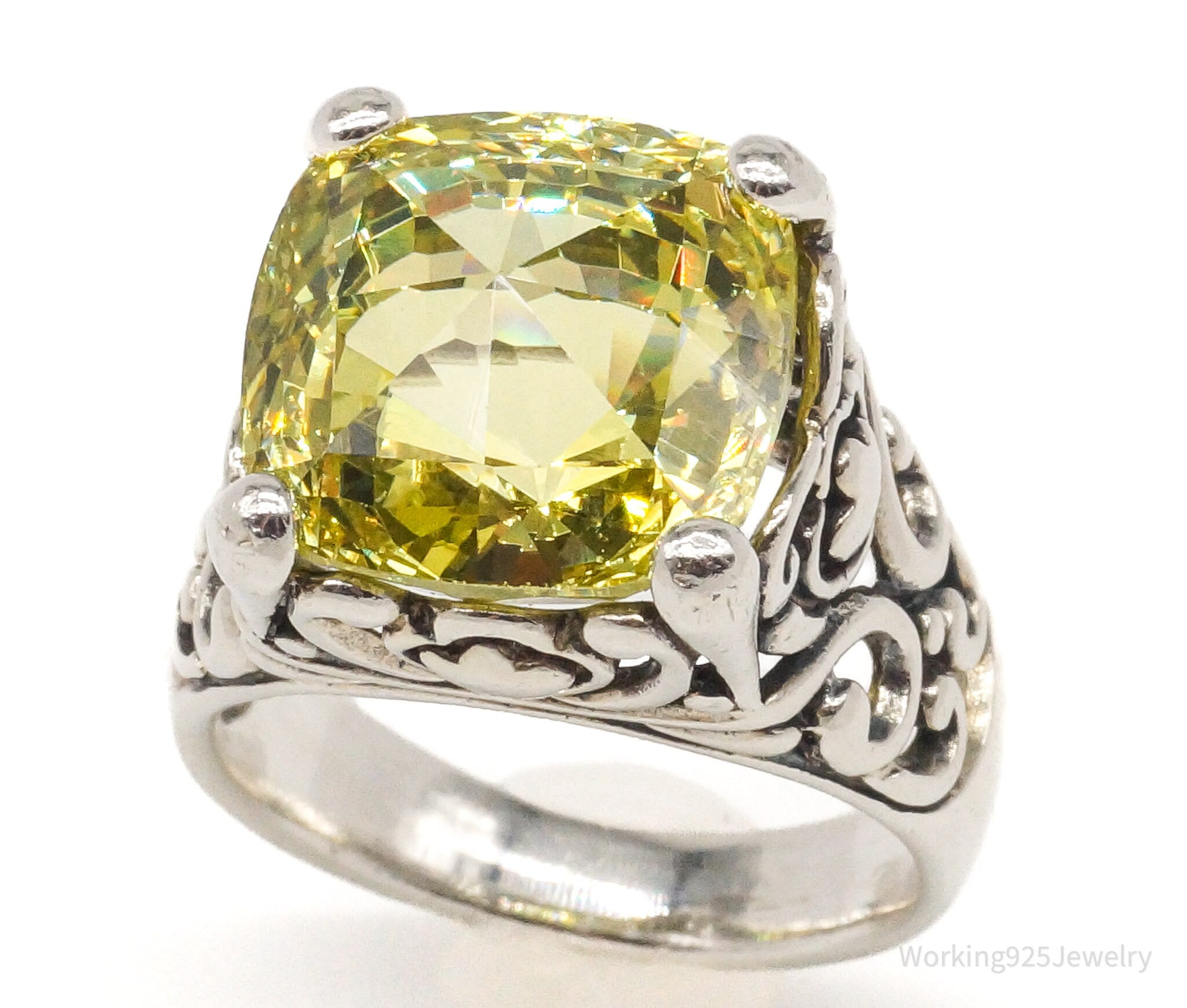 Vintage Large Yellow Cubic Zirconia Sterling Silver Ring - Size 8