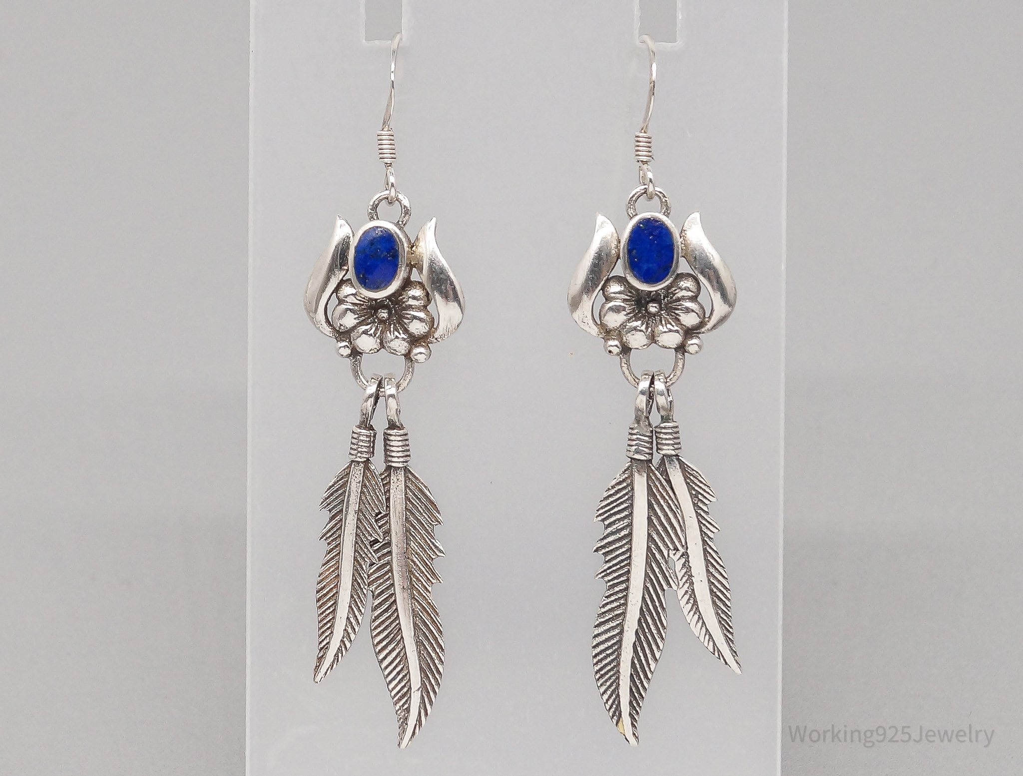 Vintage Lapis Lazuli Flower Feather Sterling Silver Earrings