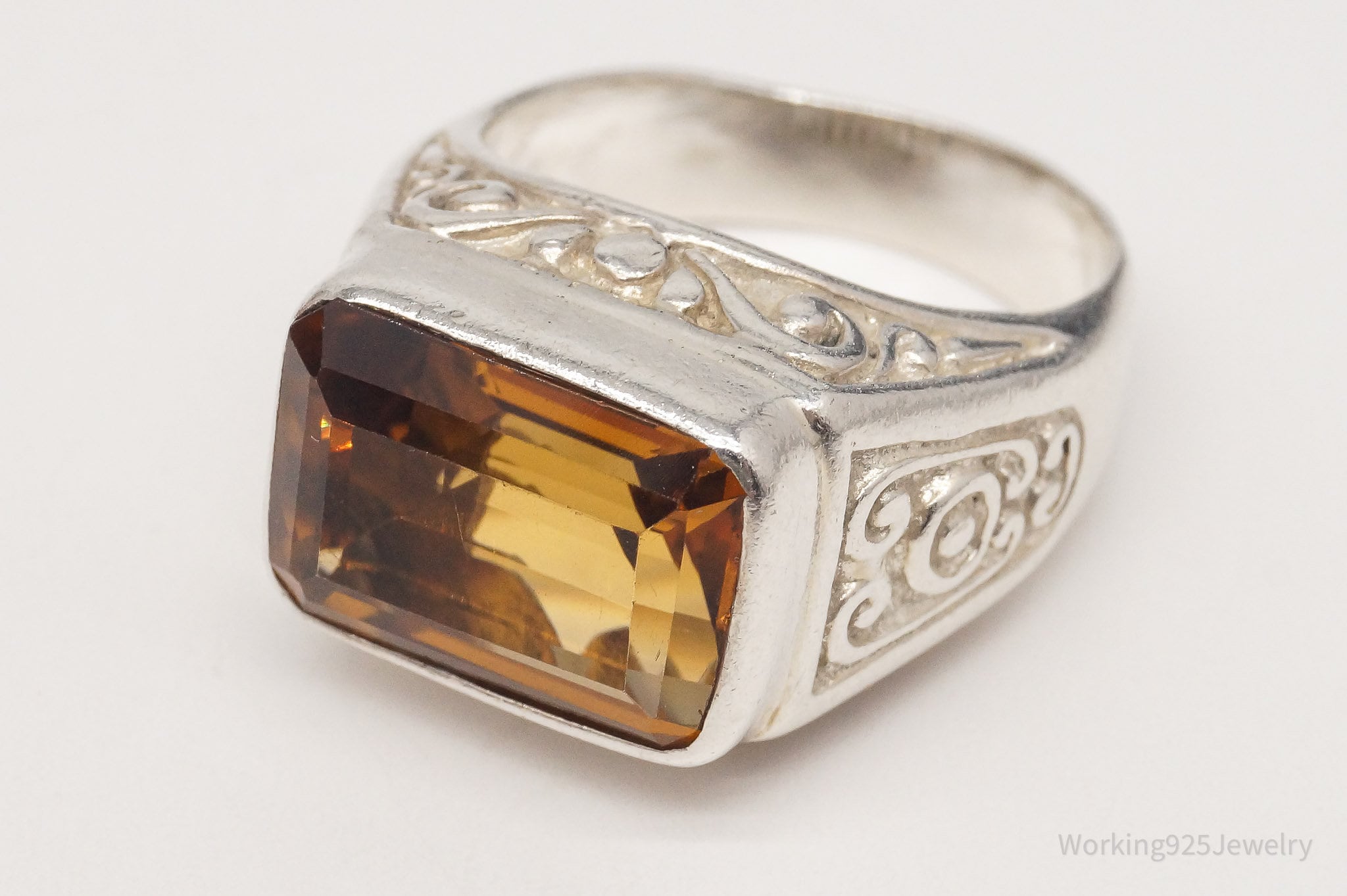 Vintage Large Citrine Sterling Silver Ring - Size 7.5