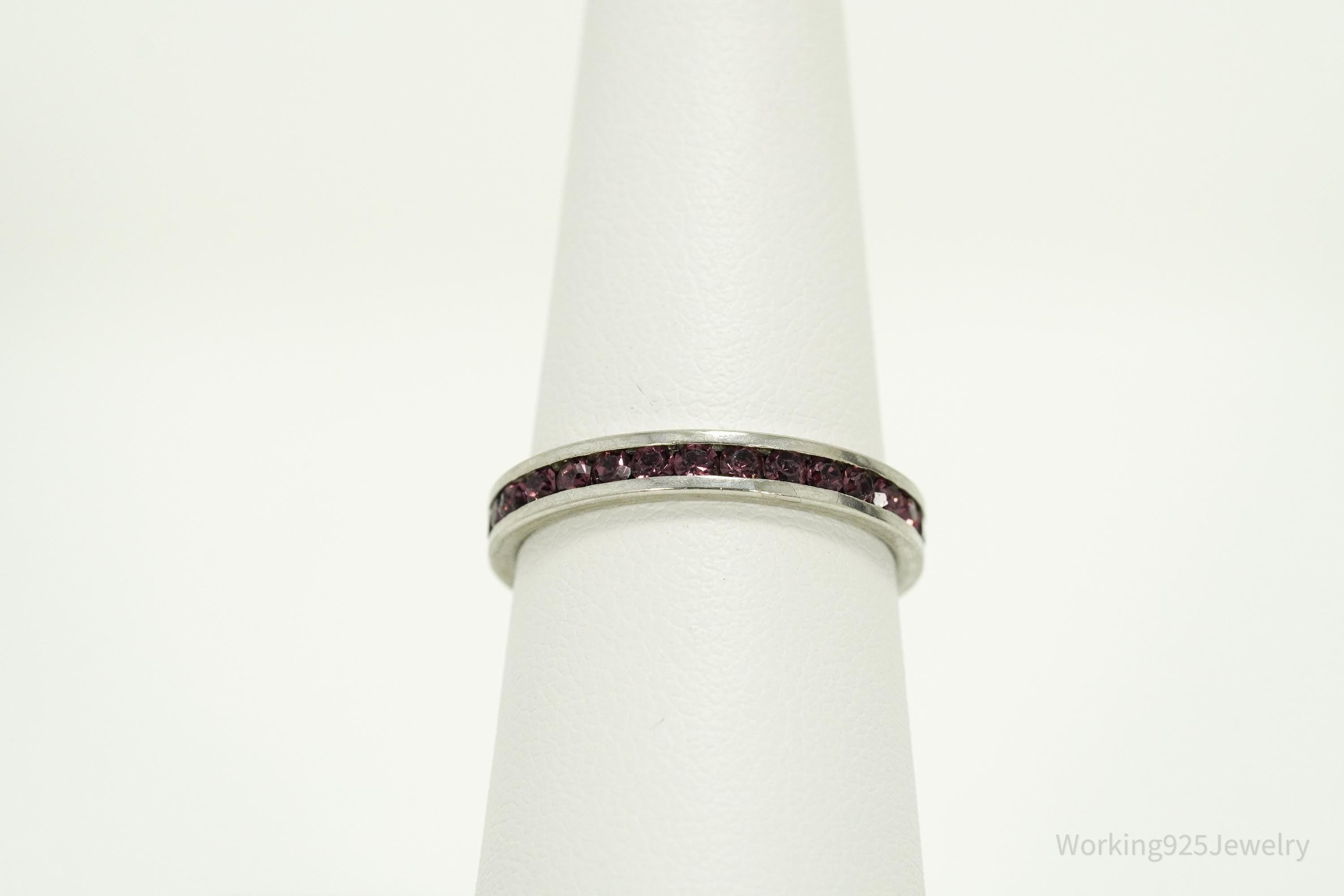 Vintage Crystal Sterling Silver Band Ring - Size 7