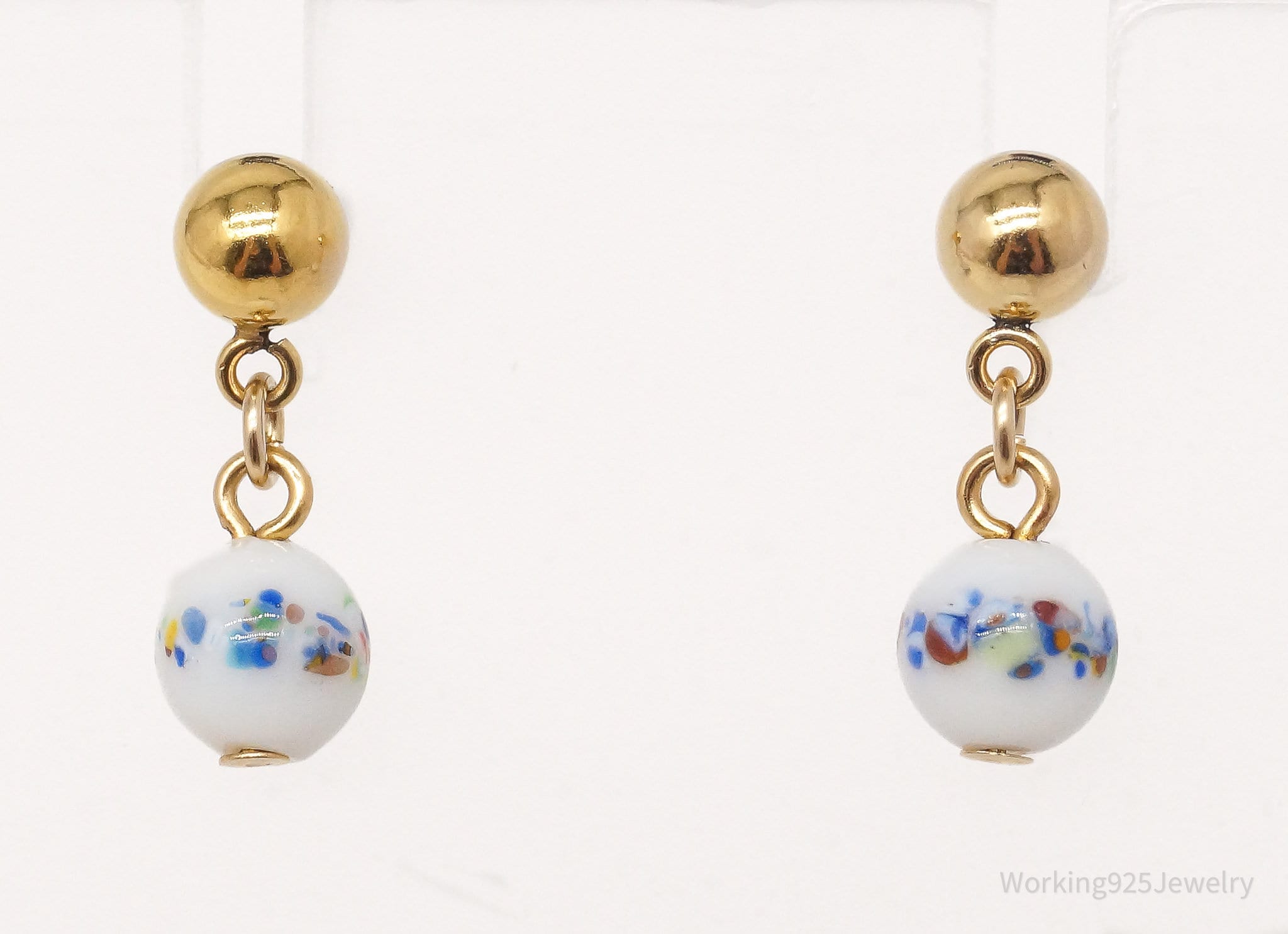 Vintage Porcelain Dangle Gold Plated Earrings