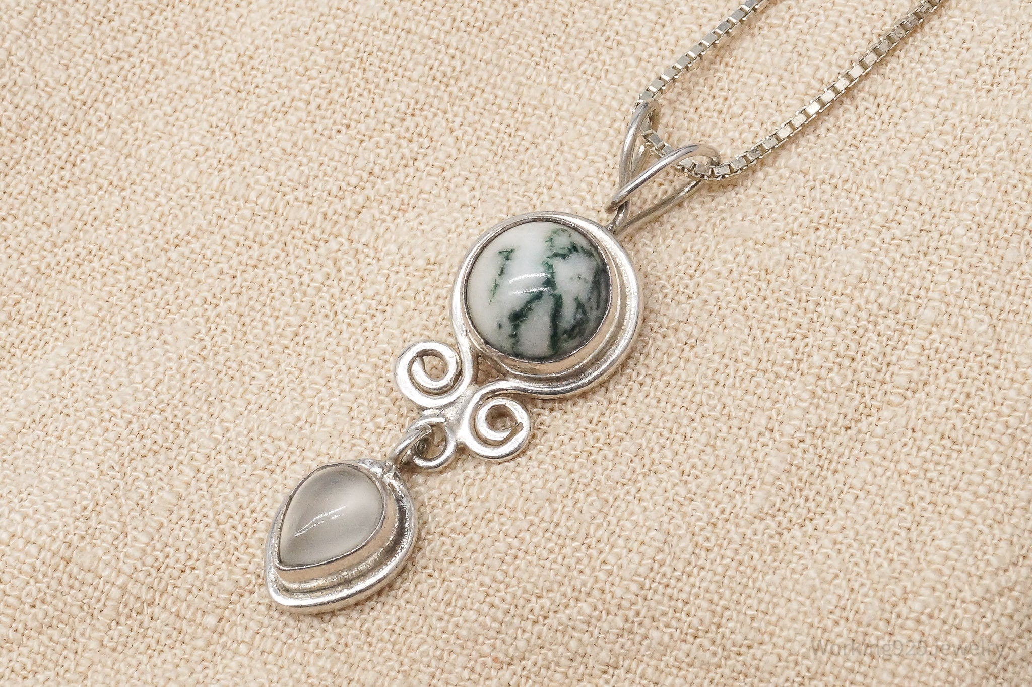 Vintage SAJEN Tree Agate & White Moonstone Sterling Silver Necklace 18"