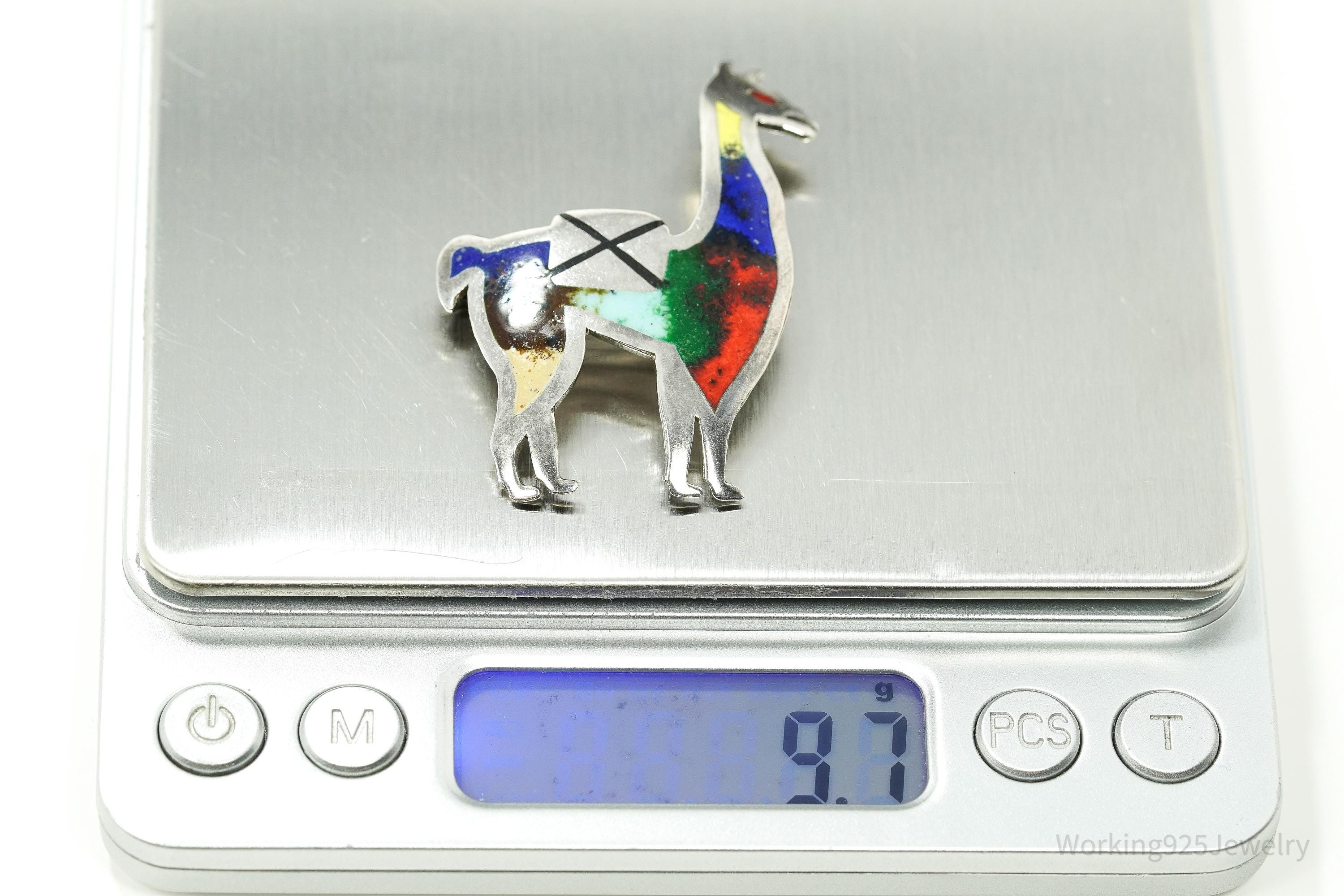 Vintage Peruvian Rainbow Enamel Llama Sterling Silver Brooch Pin