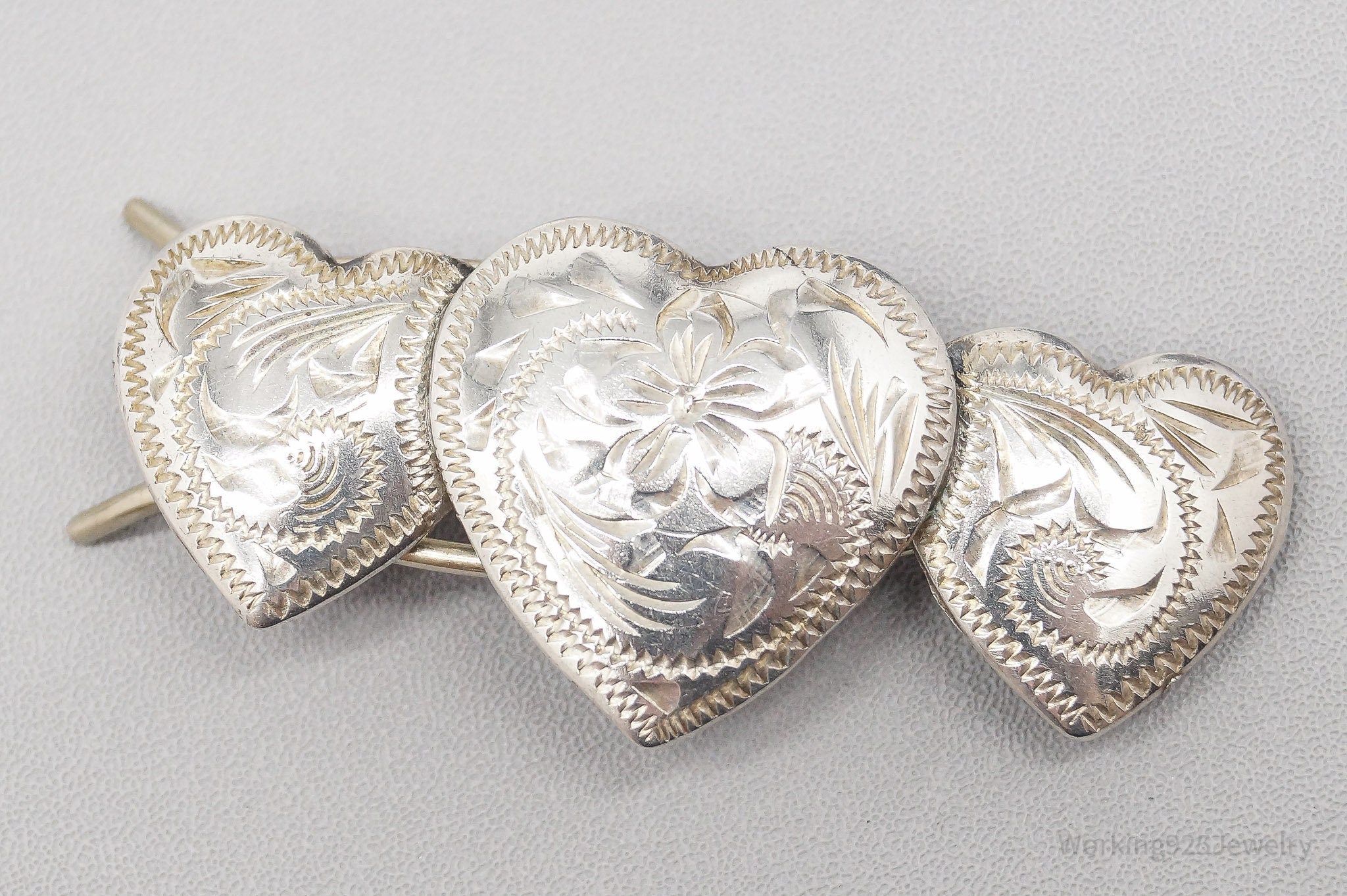 Vintage Floral Etched Hearts Sterling Silver Hair Barrette Clip