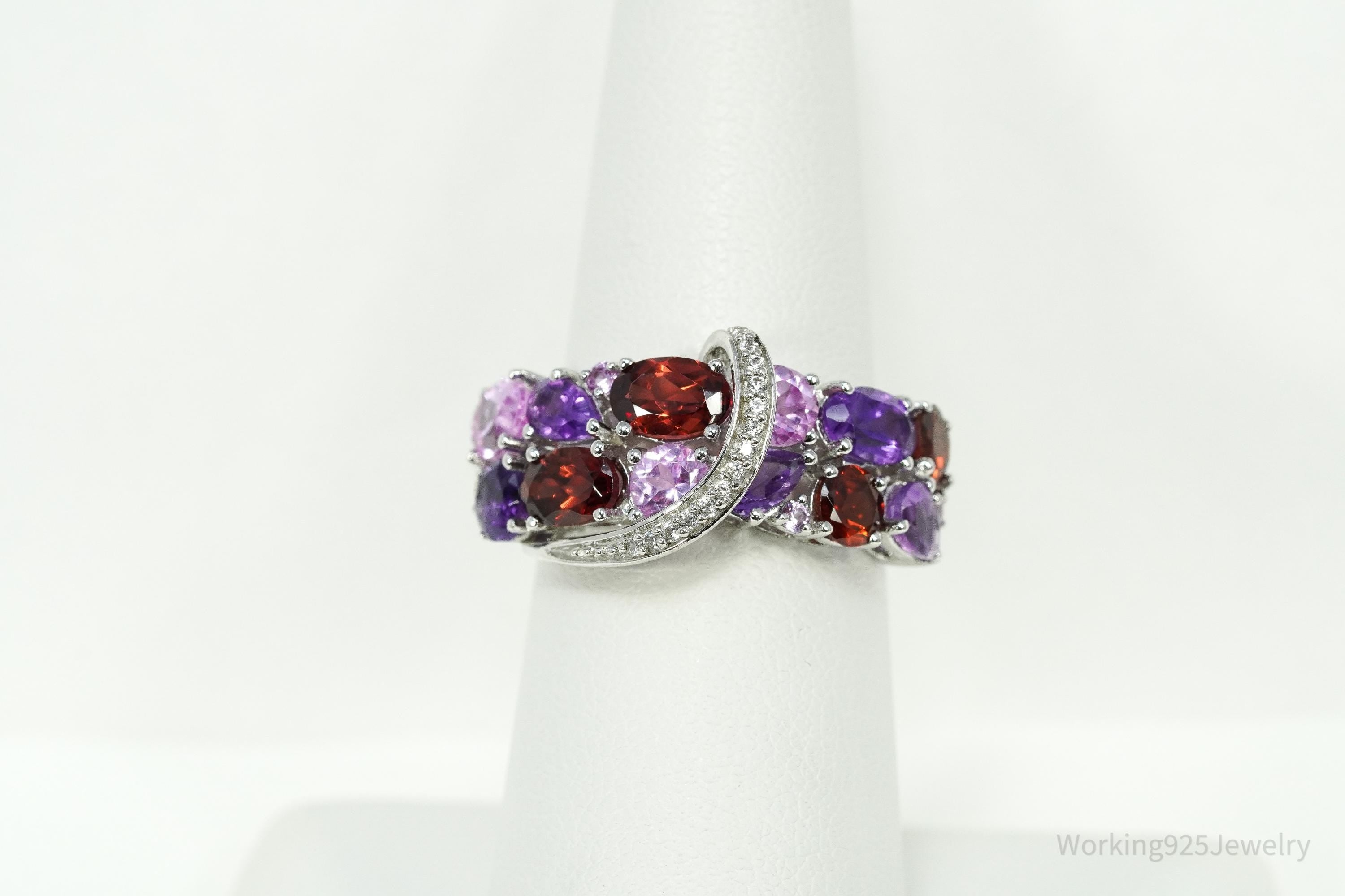 Multi-Shape Garnet, Amethyst, Pink & White Sapphire Sterling Silver Ring Size 7
