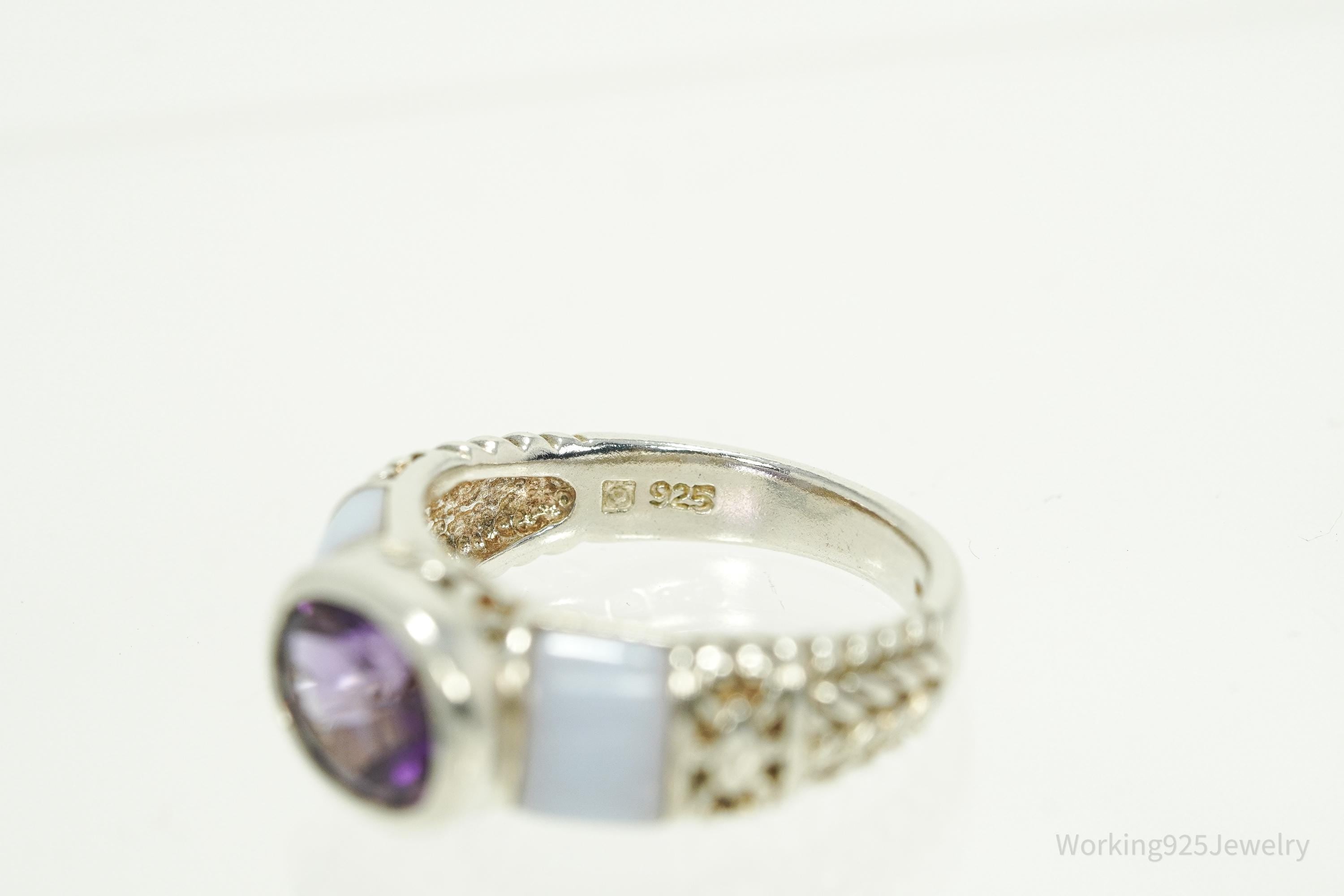 Vintage Amethyst & Blue Chalcedony Sterling Silver Ring - Size 8.25