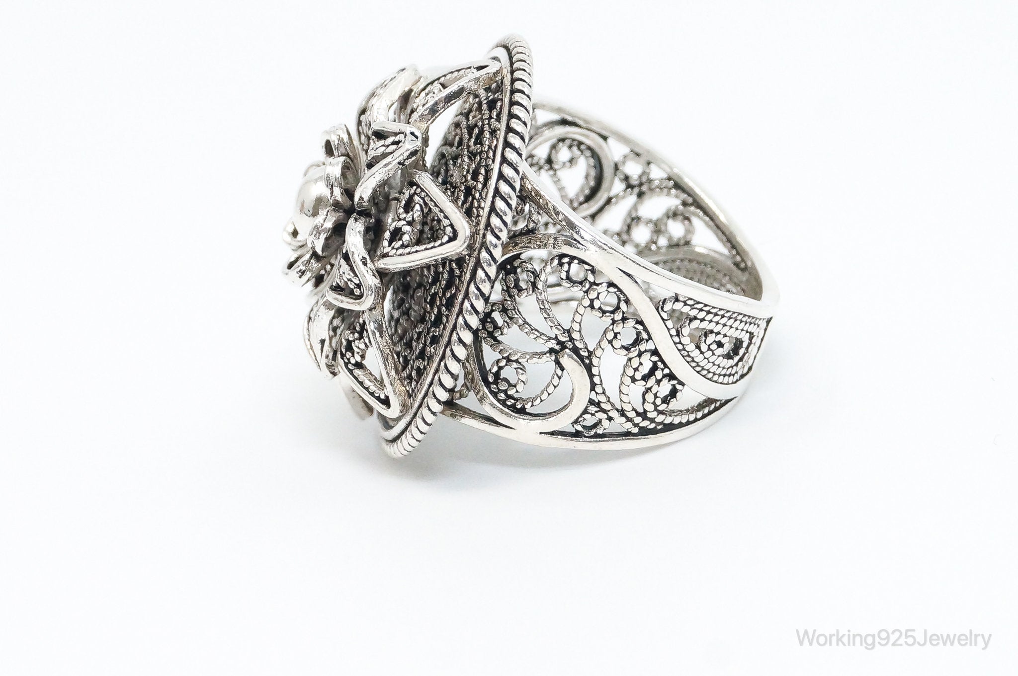 Vintage Turkey Designer DGS Flower Filigree Sterling Silver Ring - Size 6