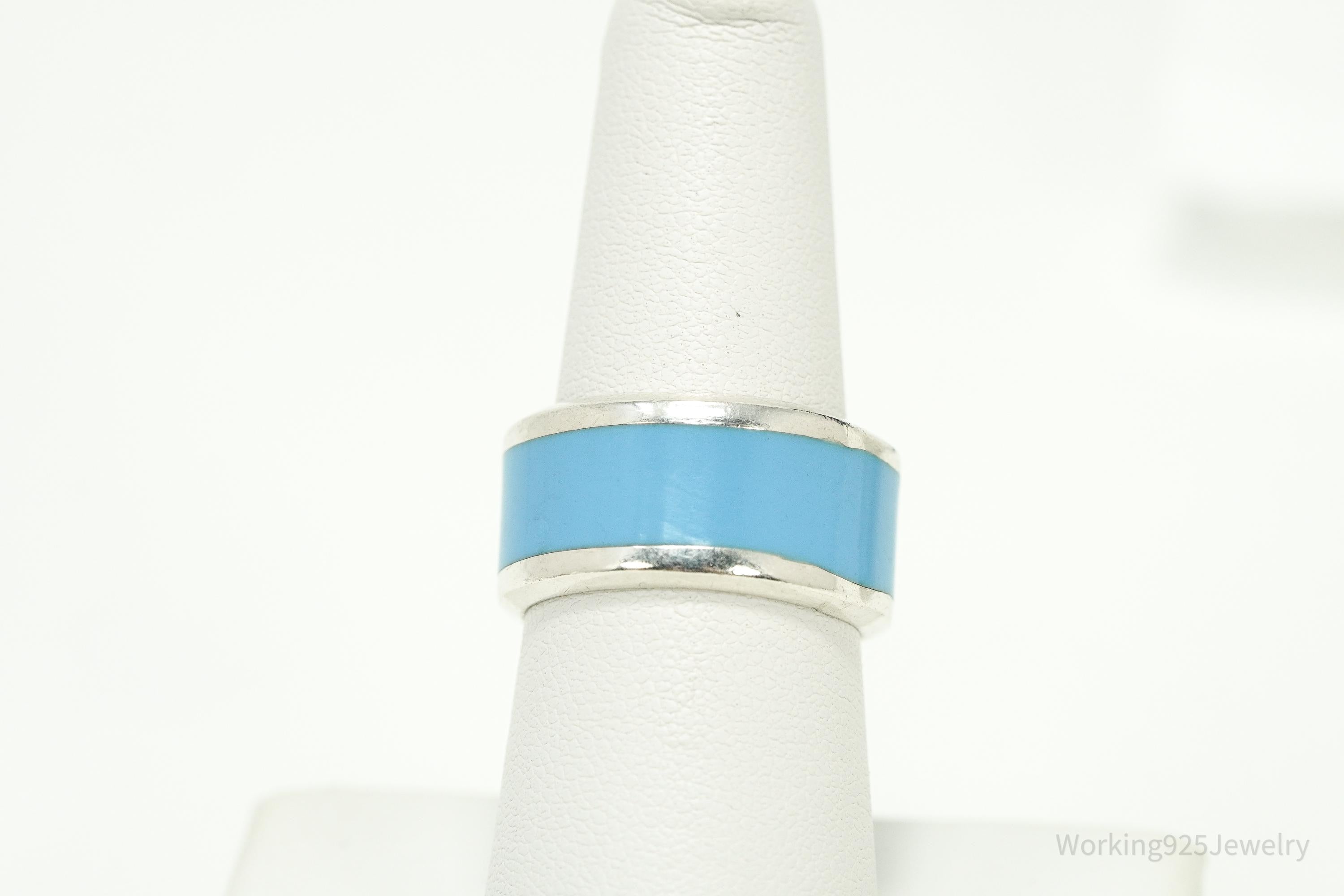 Vintage Blue Enamel Sterling Silver Wide Band Ring - Size 7.75