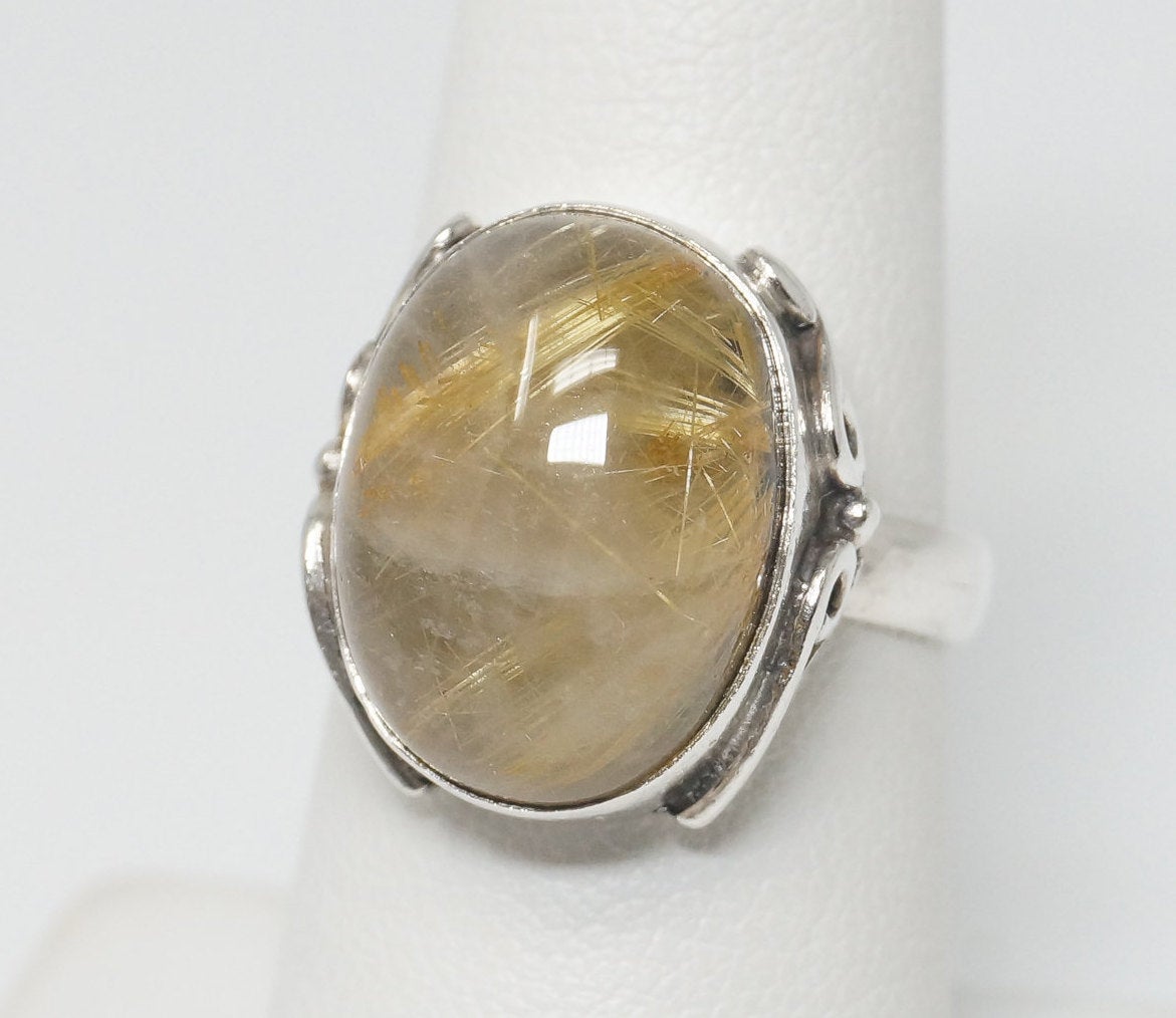 Vintage Rutilated Quartz Sterling Silver Ring - Sz 7