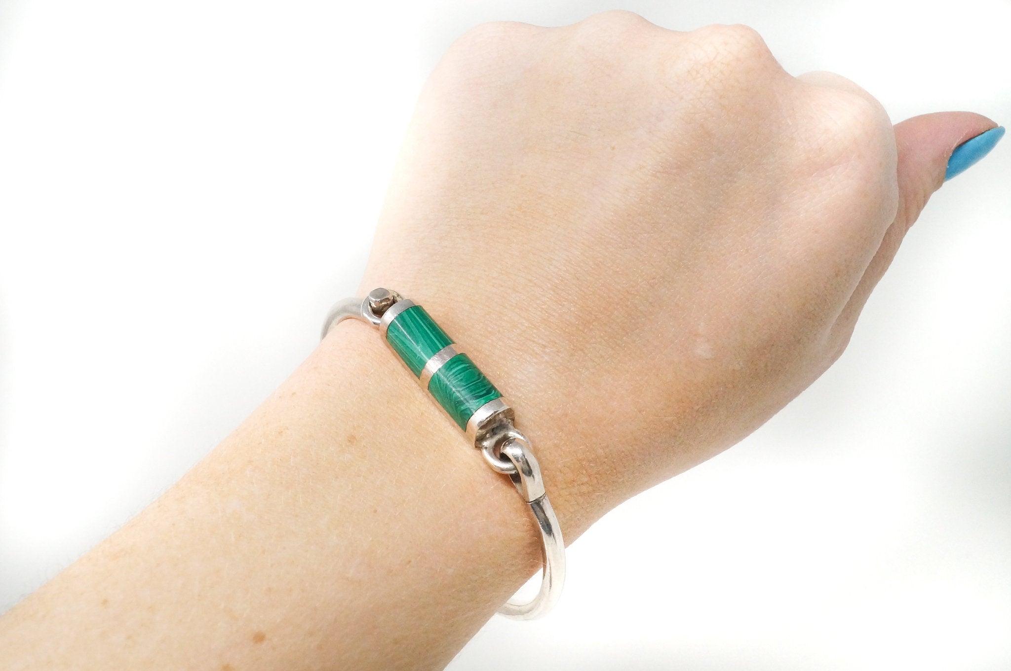 Vintage Mex Malachite Southwestern Handmade Sterling Silver Cuff Bracelet