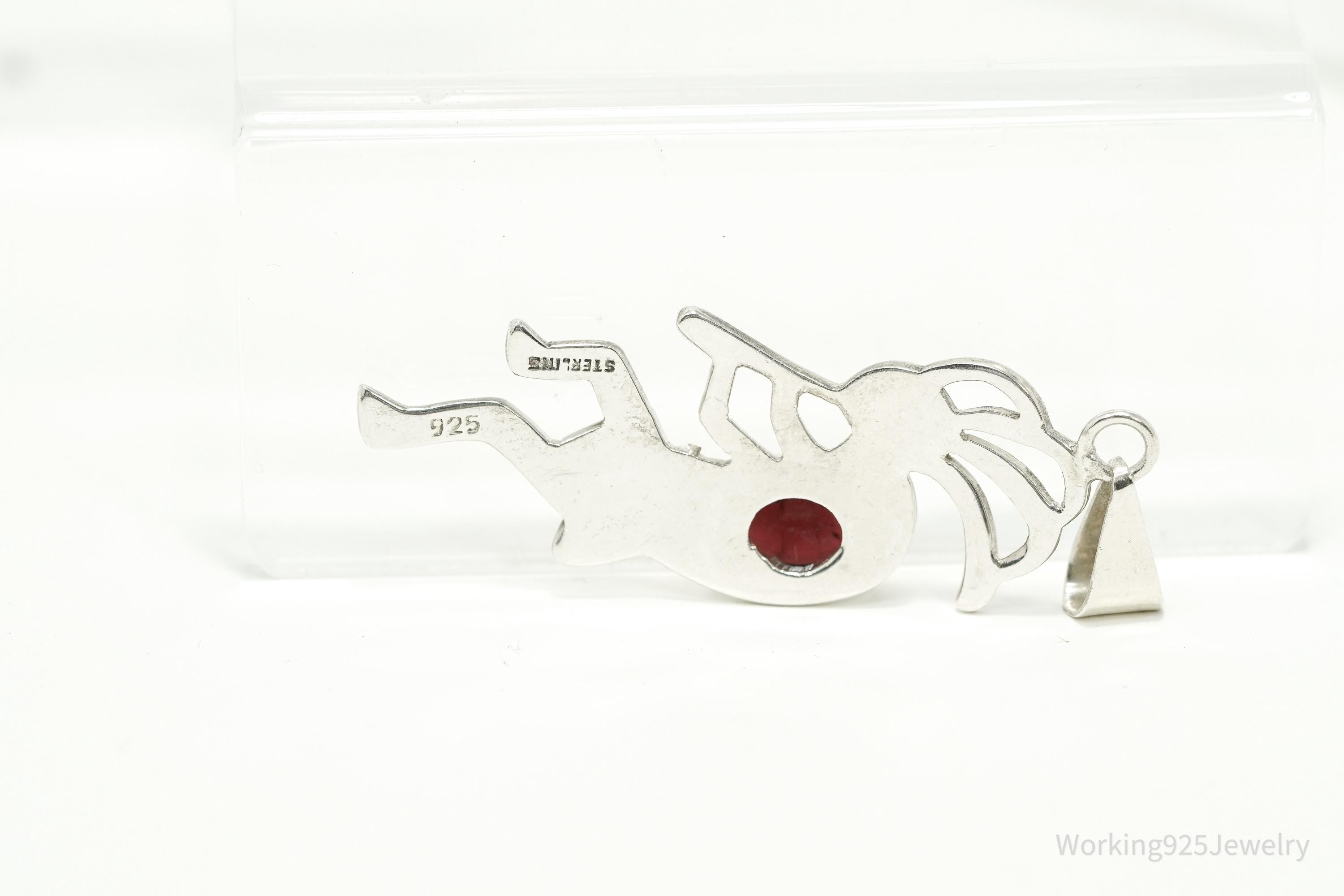 Large Vintage Native American Dancing Kokopelli Rhodolite Sterling Silver Pendant 2.5"