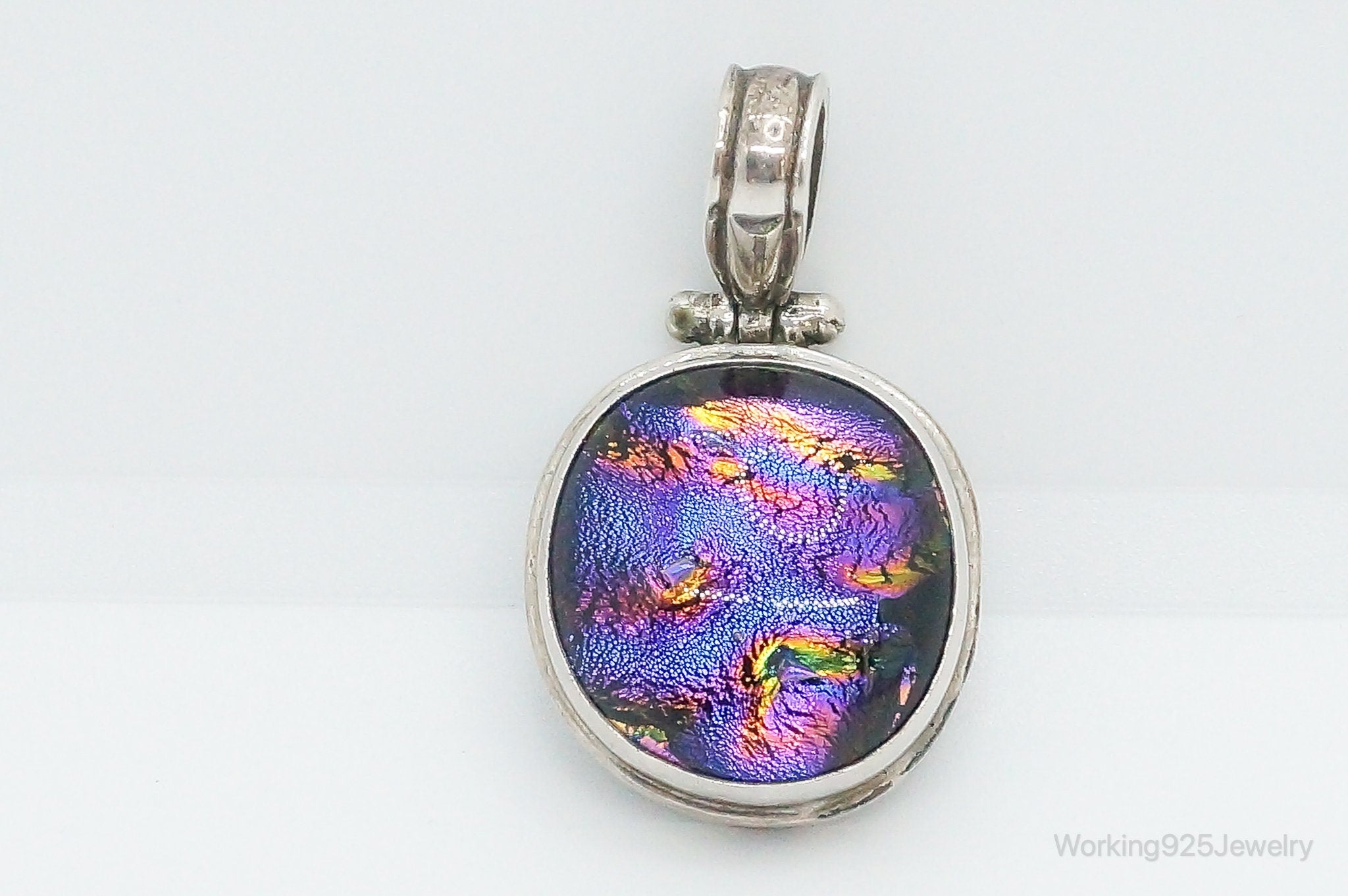 Vintage Large Dichroic Glass Sterling Silver Necklace Pendant