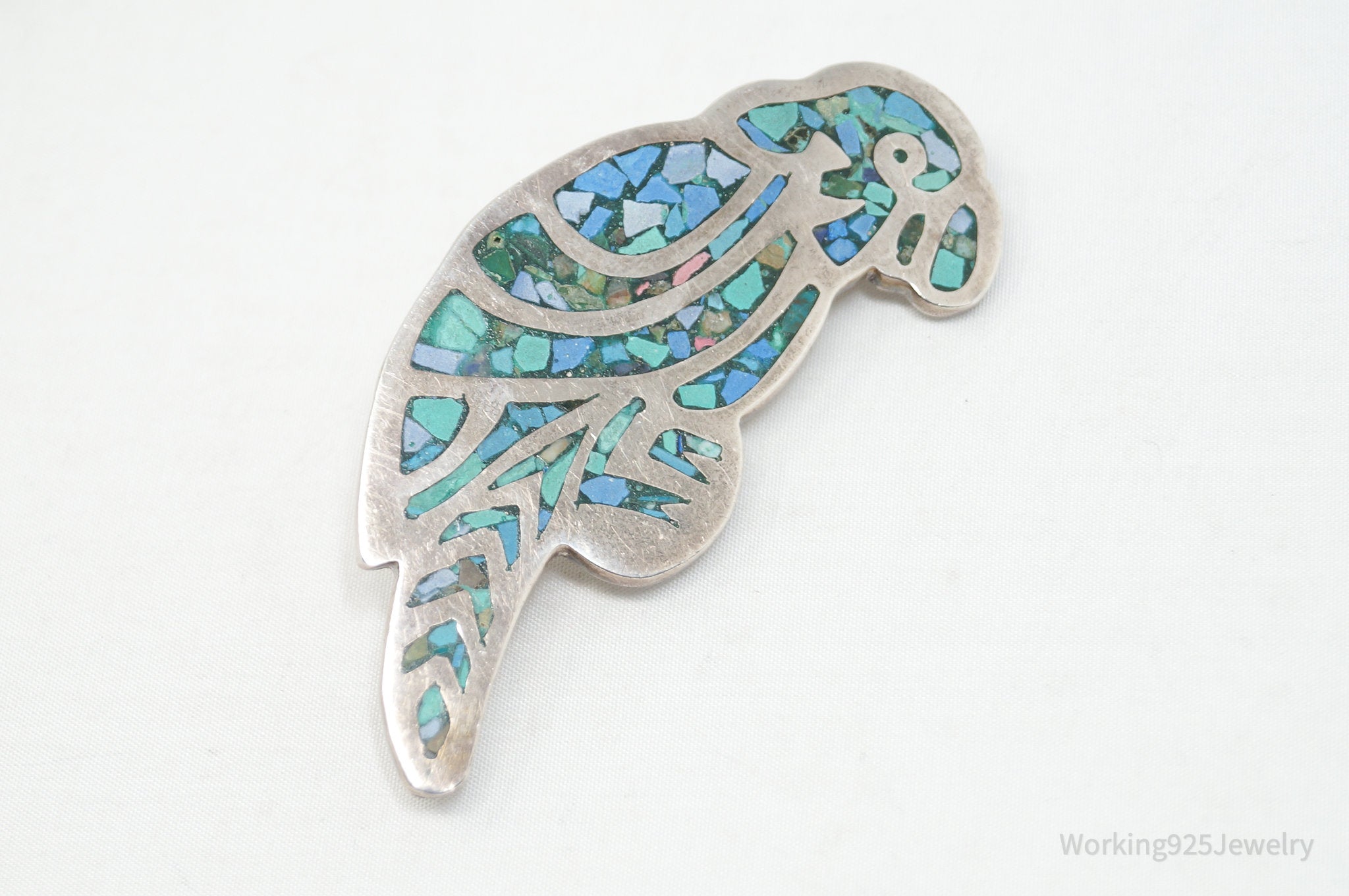 Vintage Mexican Turquoise Mosaic Inlay Parrot Sterling Silver Brooch Pin