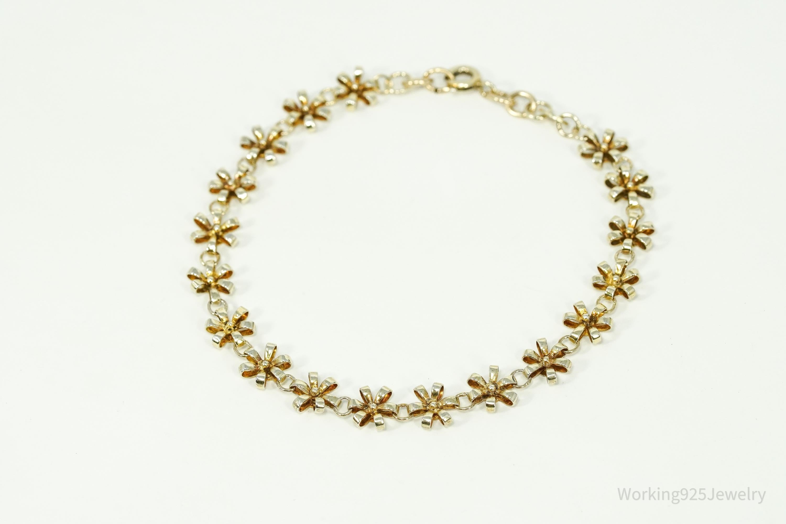 Vintage Flower Gold Vermeil Sterling Silver Bracelet 7.75"