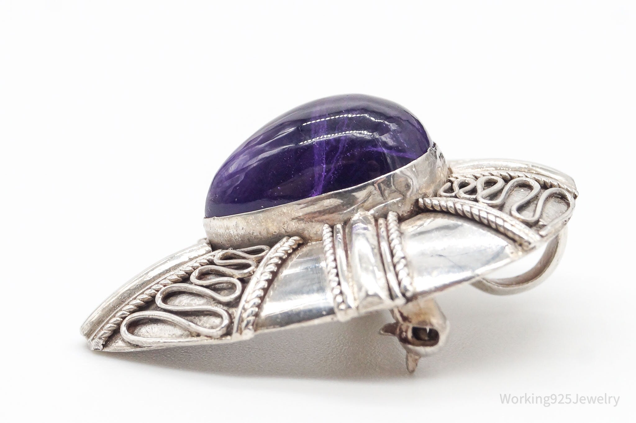 Vintage Amethyst Bali Style Sterling Silver Brooch Pin Pendant