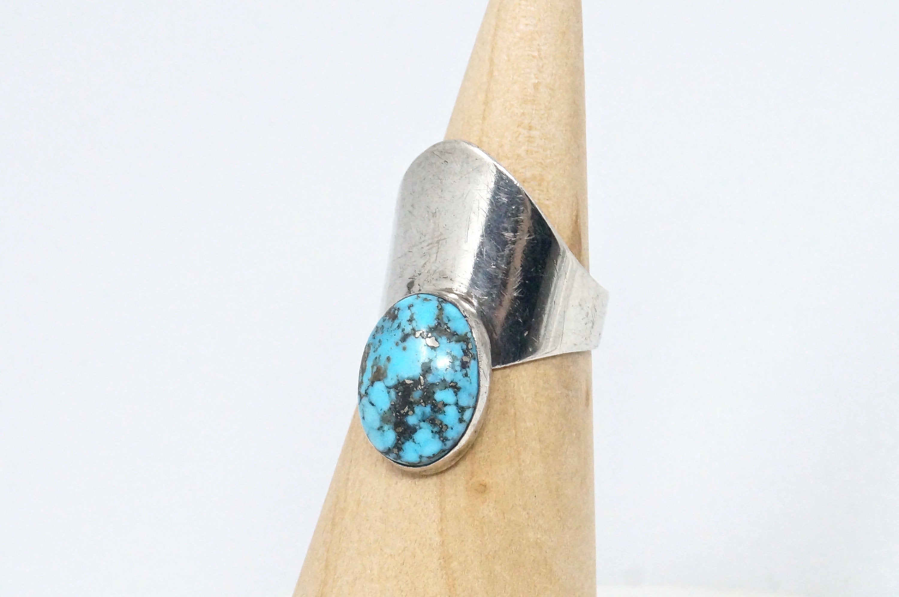 Vintage Mexico Turquoise Sterling Silver Southwestern Adjustable Ring Size 7.5