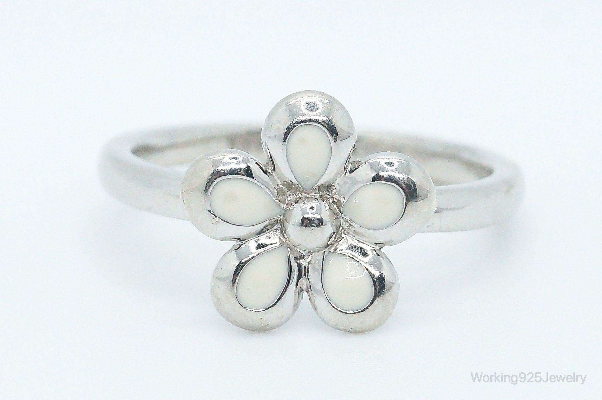 Vintage Enamel Flower Sterling Silver Ring - Size 10