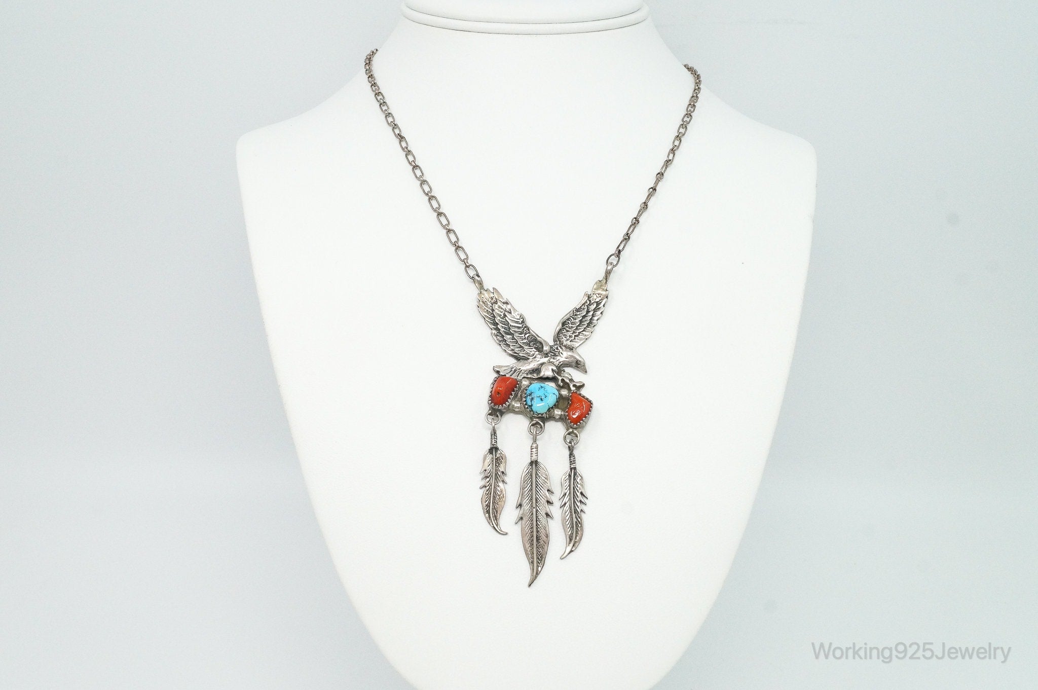 VTG Native American Richard Begay Turquoise Coral Sterling Silver Necklace