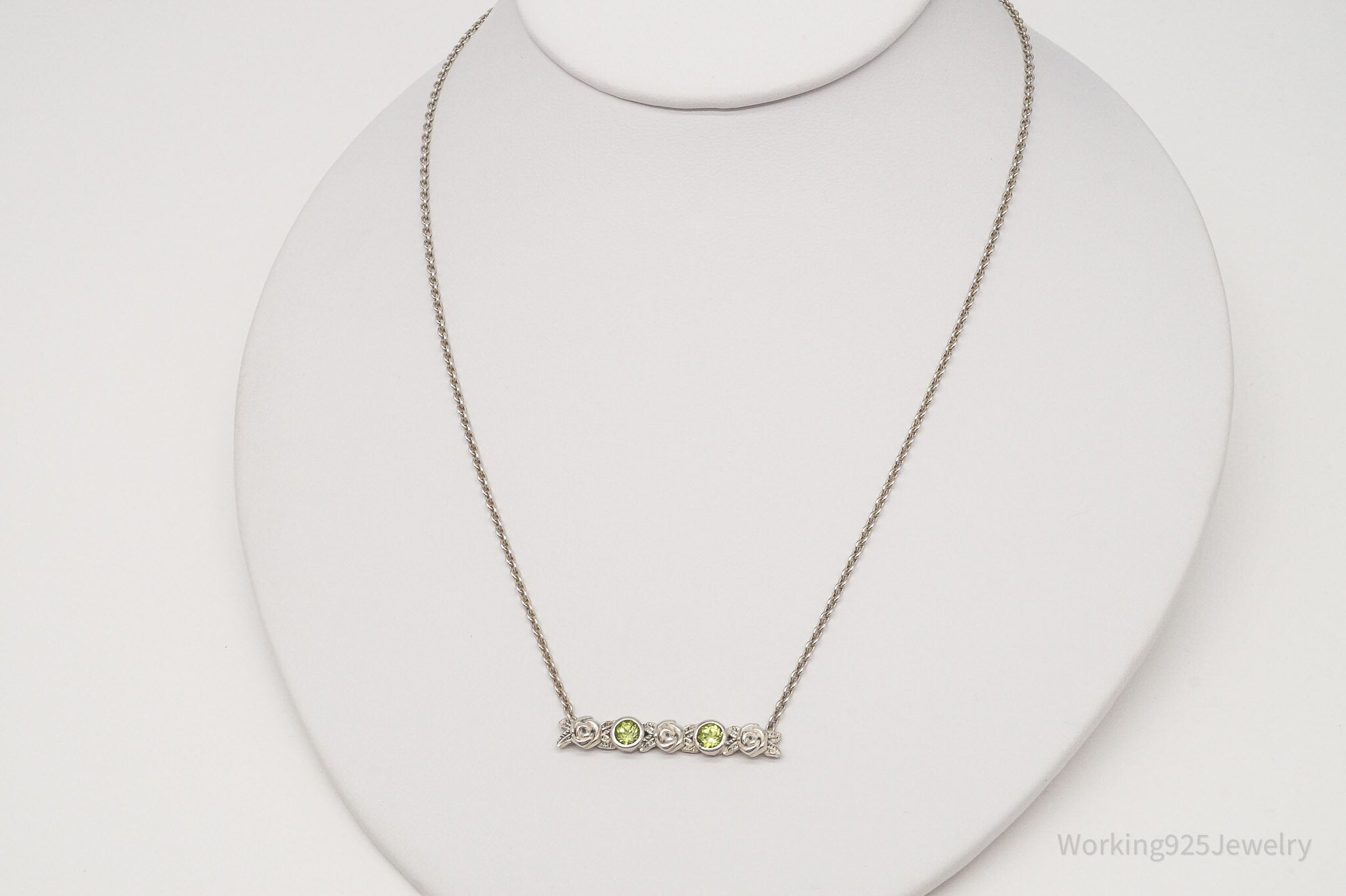 Vintage Israel Designer Paz PZ Peridot Rose Bar Sterling Silver Necklace 16"