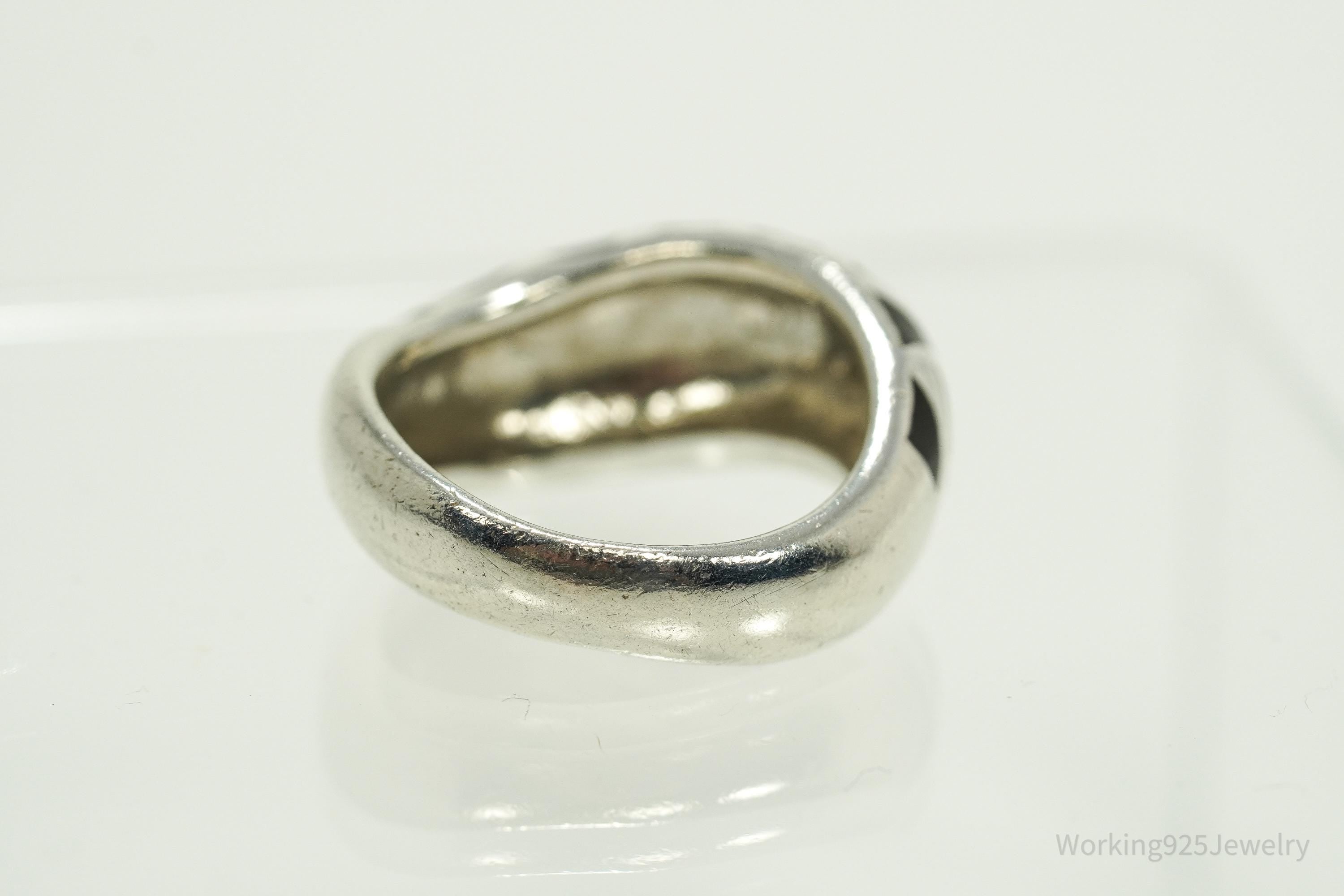 Vintage Black Enamel Shapes Design Sterling Silver Ring - Size 8