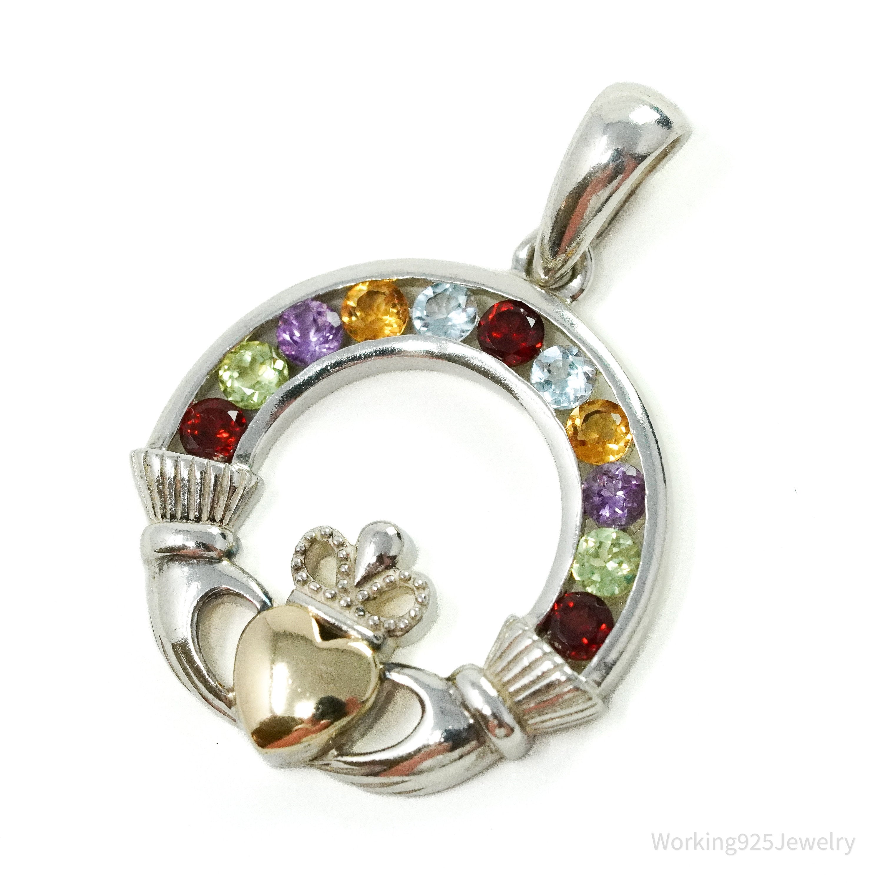 Vintage SOLVAR Irish Claddagh Multi Gemstone 14K Gold Heart Sterling Silver Pendant