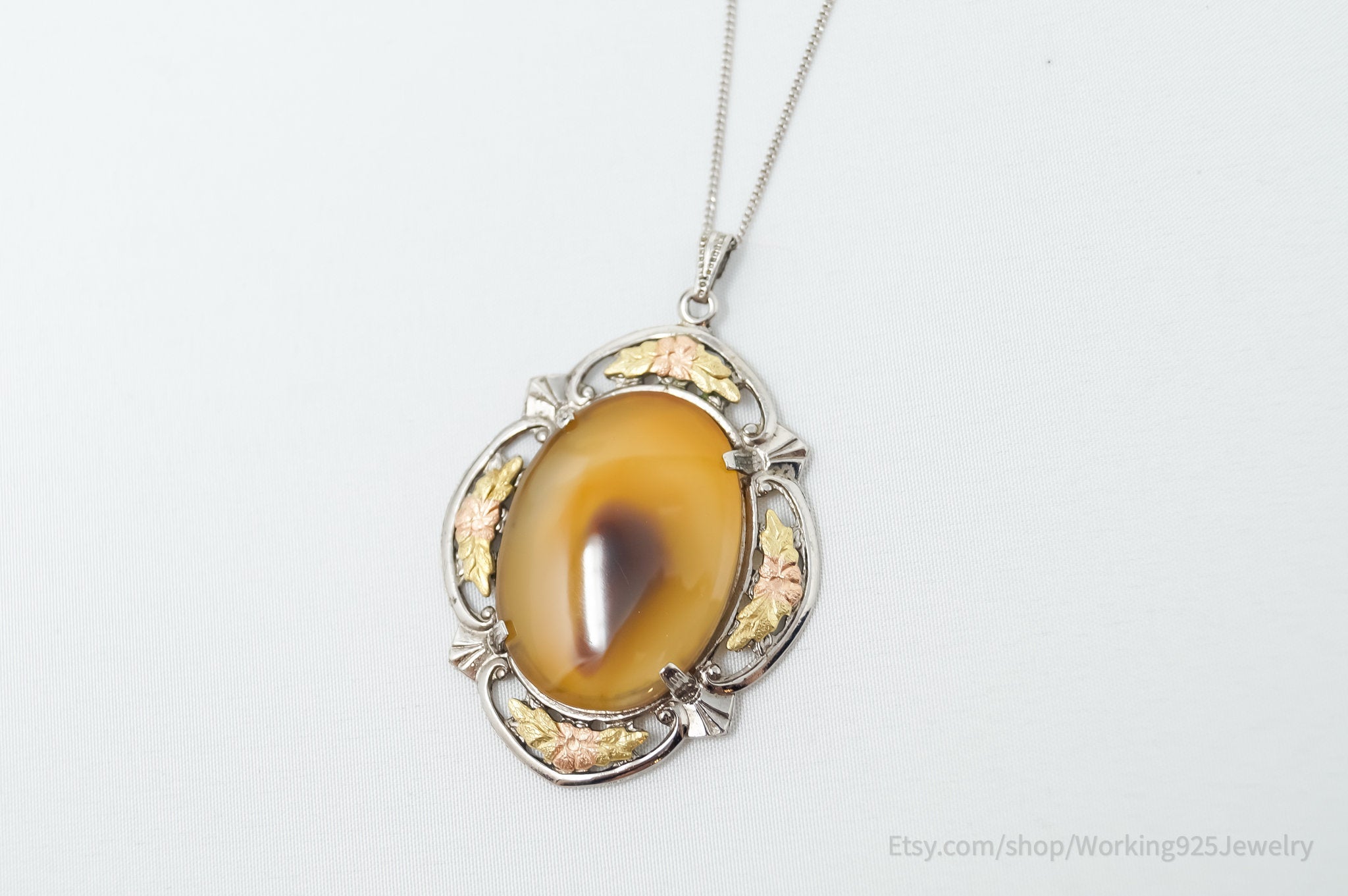 Vtg LSP Co Orange Lace Agate Black Hills 12k Gold Sterling Silver Pendant