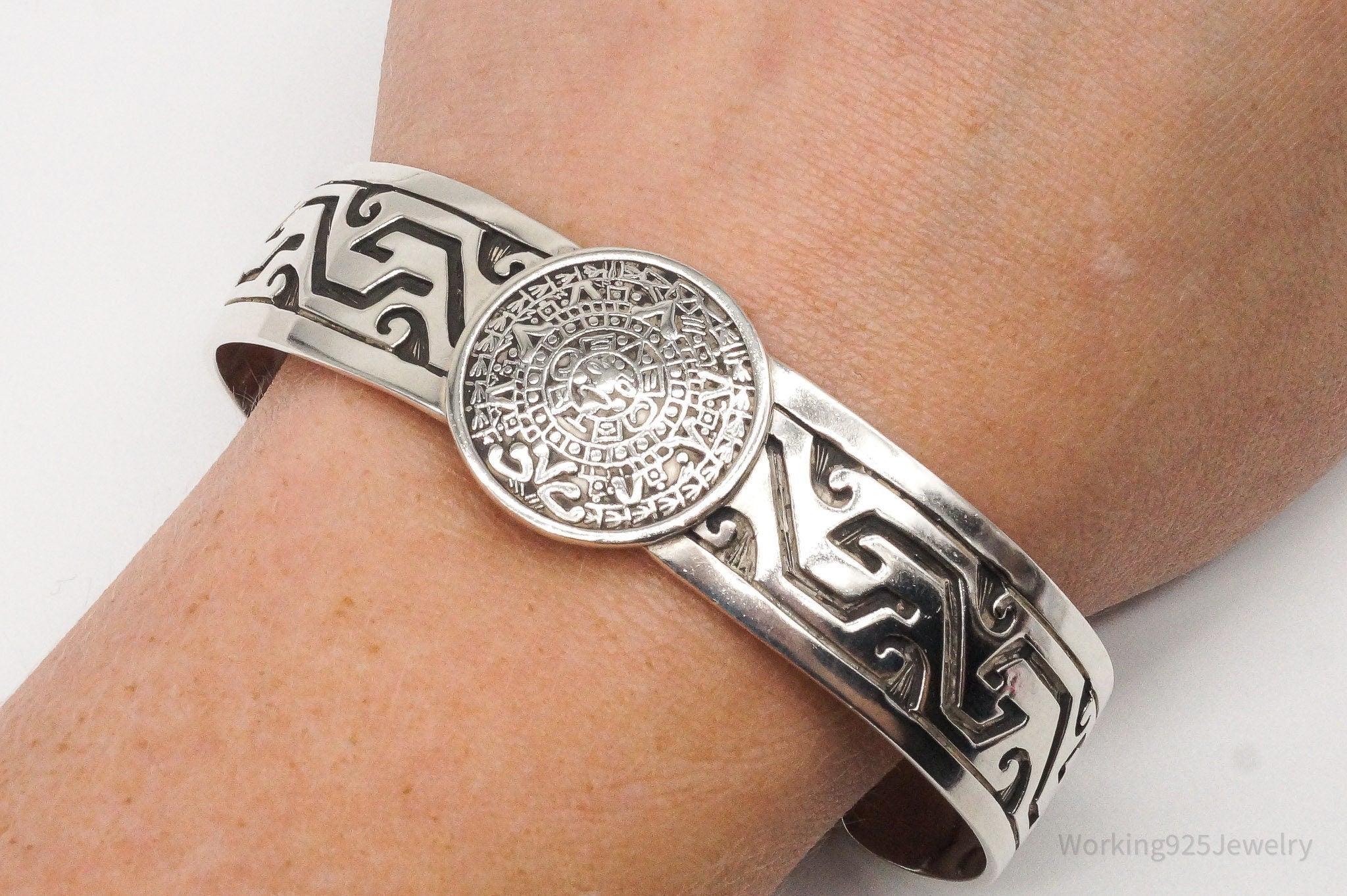 Vintage Escorcia Mexico Mayan Calendar Sterling Silver Cuff Bracelet