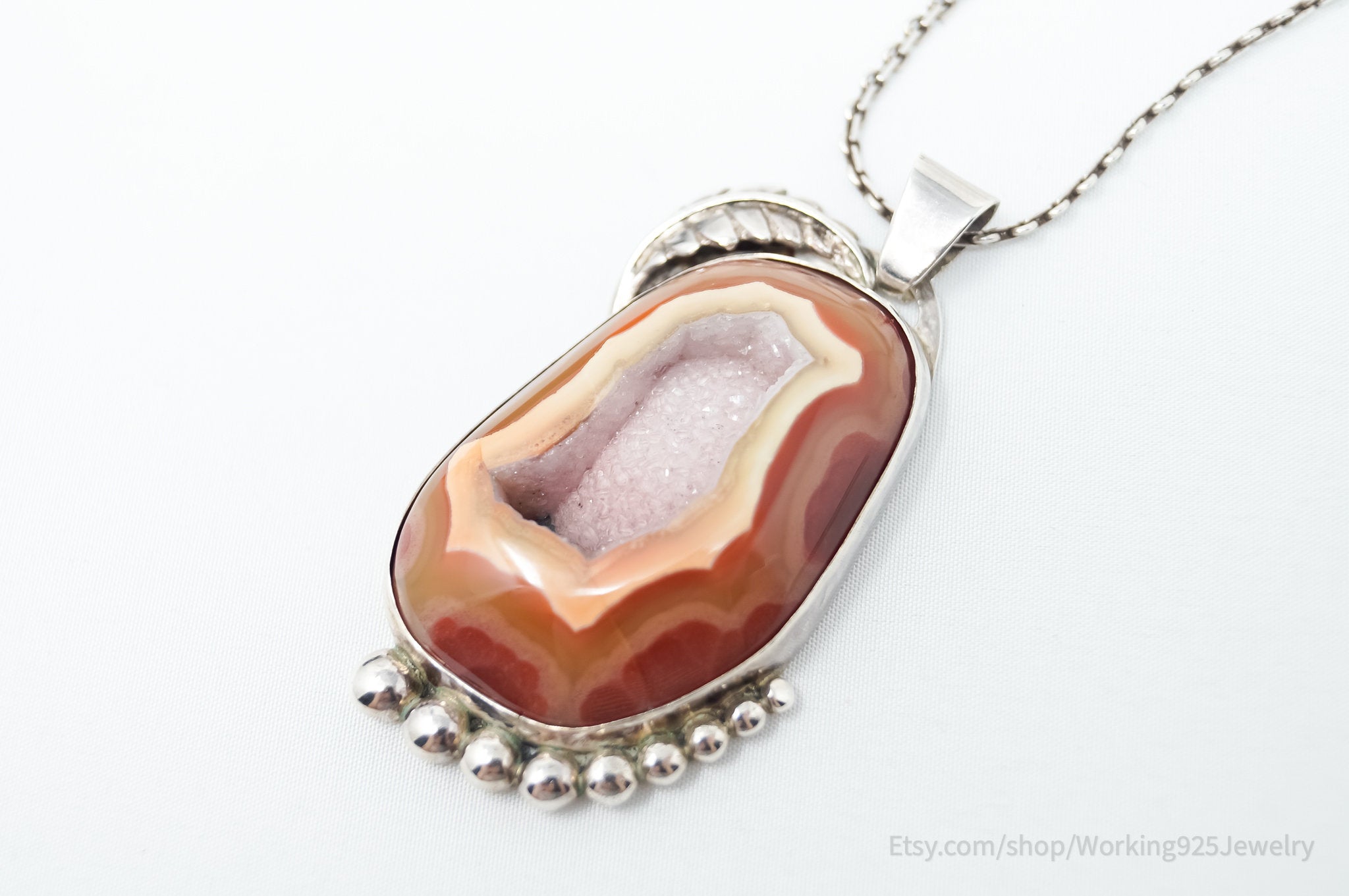 Vintage Signed Native American Crazy Lace Agate Sterling Silver Necklace