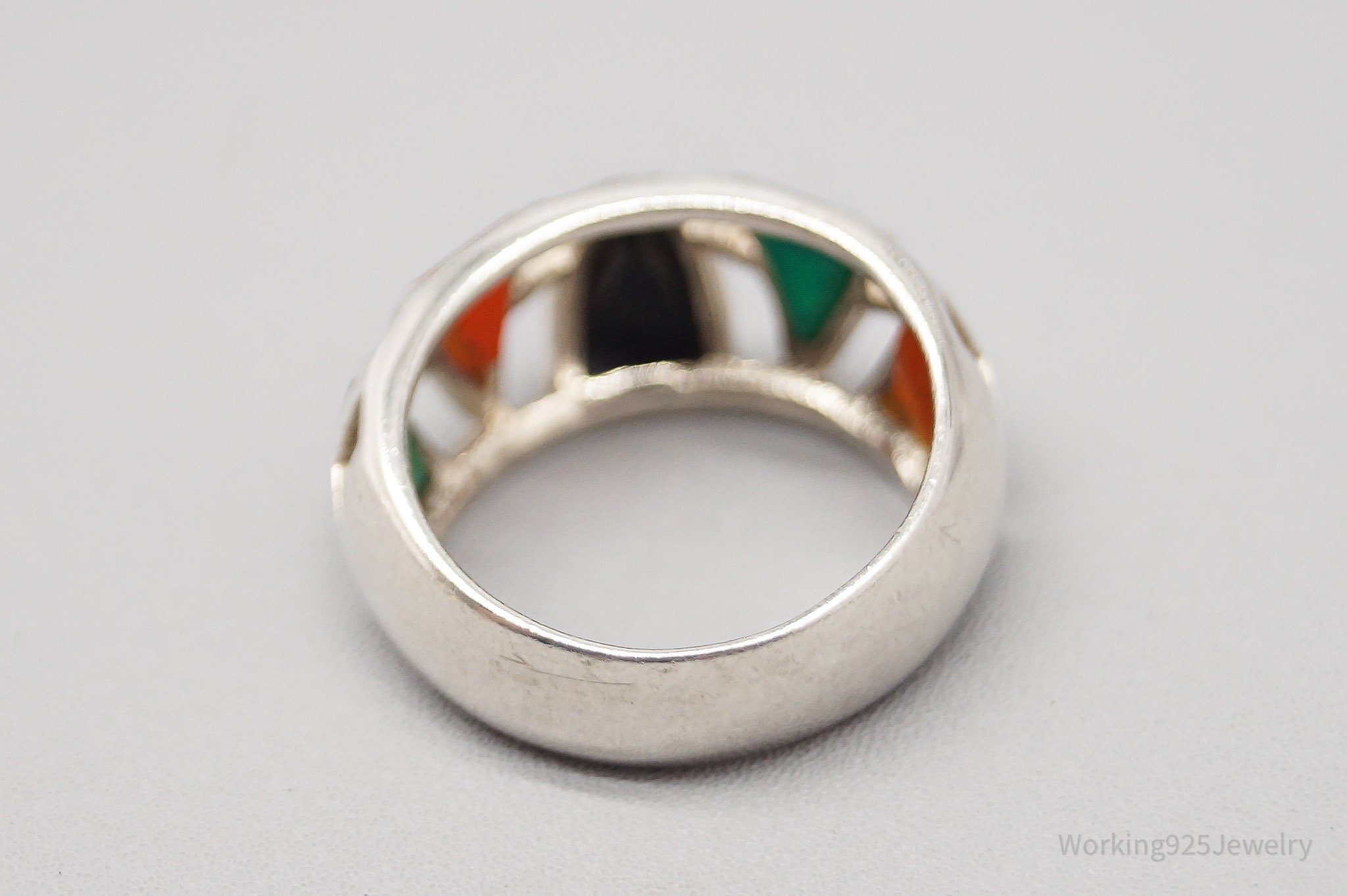 Vintage Multi Color Onyx Inlay Sterling Silver Ring - Size 6