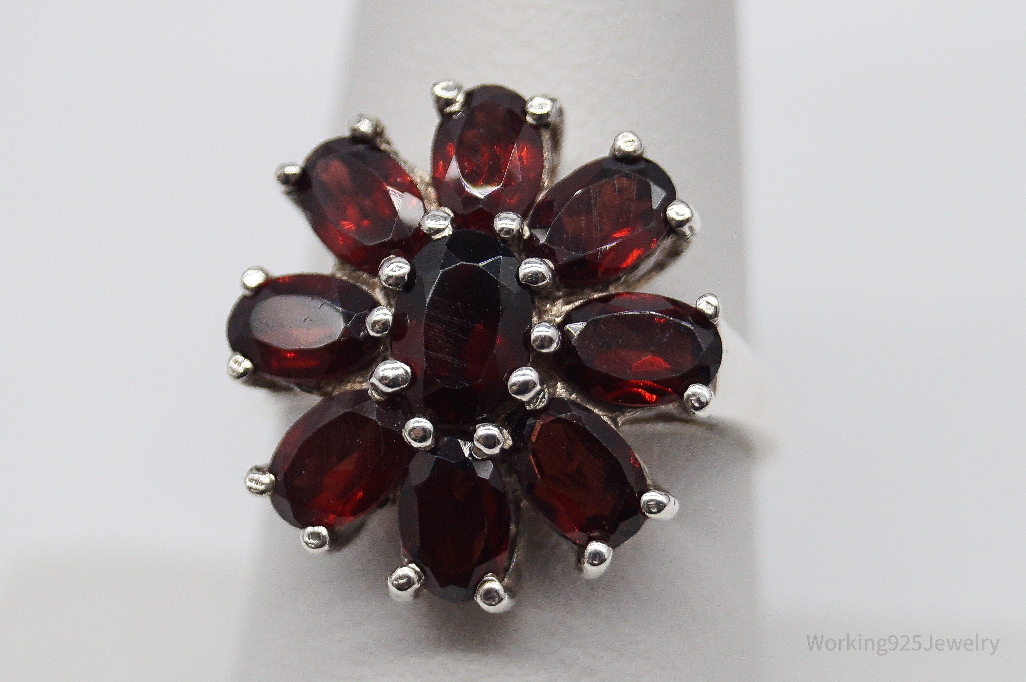 Vintage Garnet Flower Sterling Silver Ring - Size 8.25