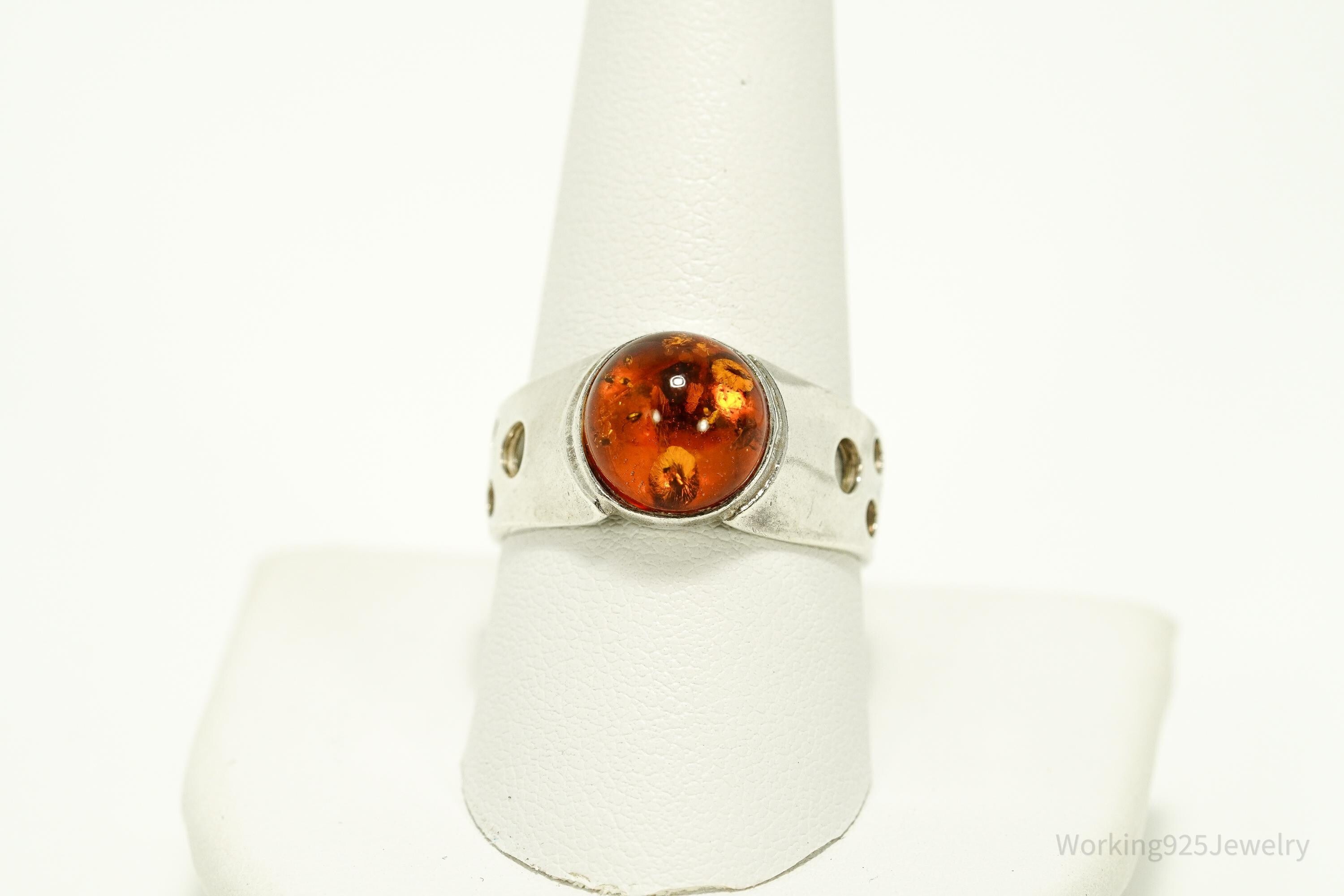 Vintage Amber Modernist Style Sterling Silver Ring - Size 10