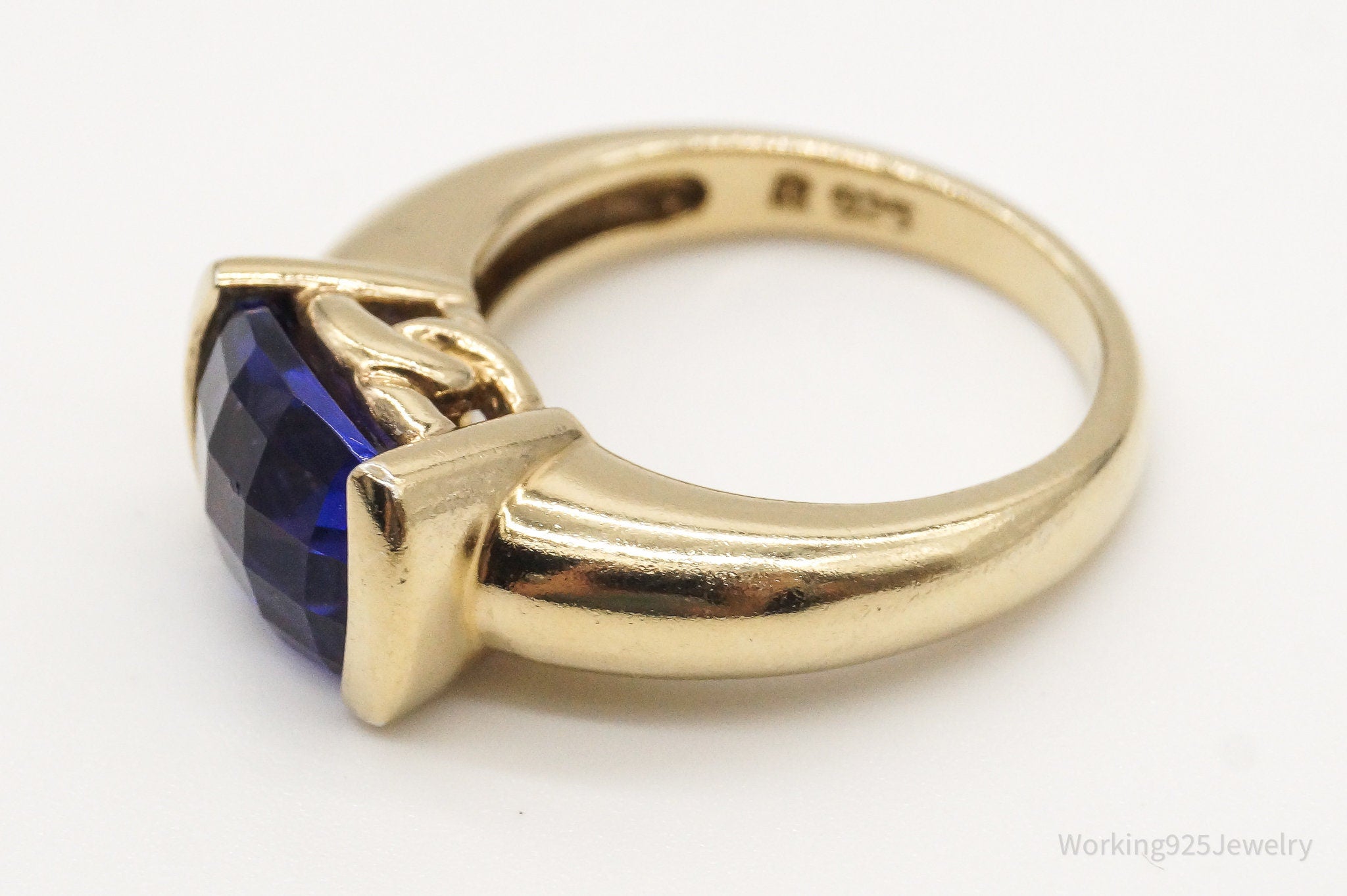 Vintage Large Blue Cubic Zirconia Gold Vermeil Sterling Silver Ring - Size 6