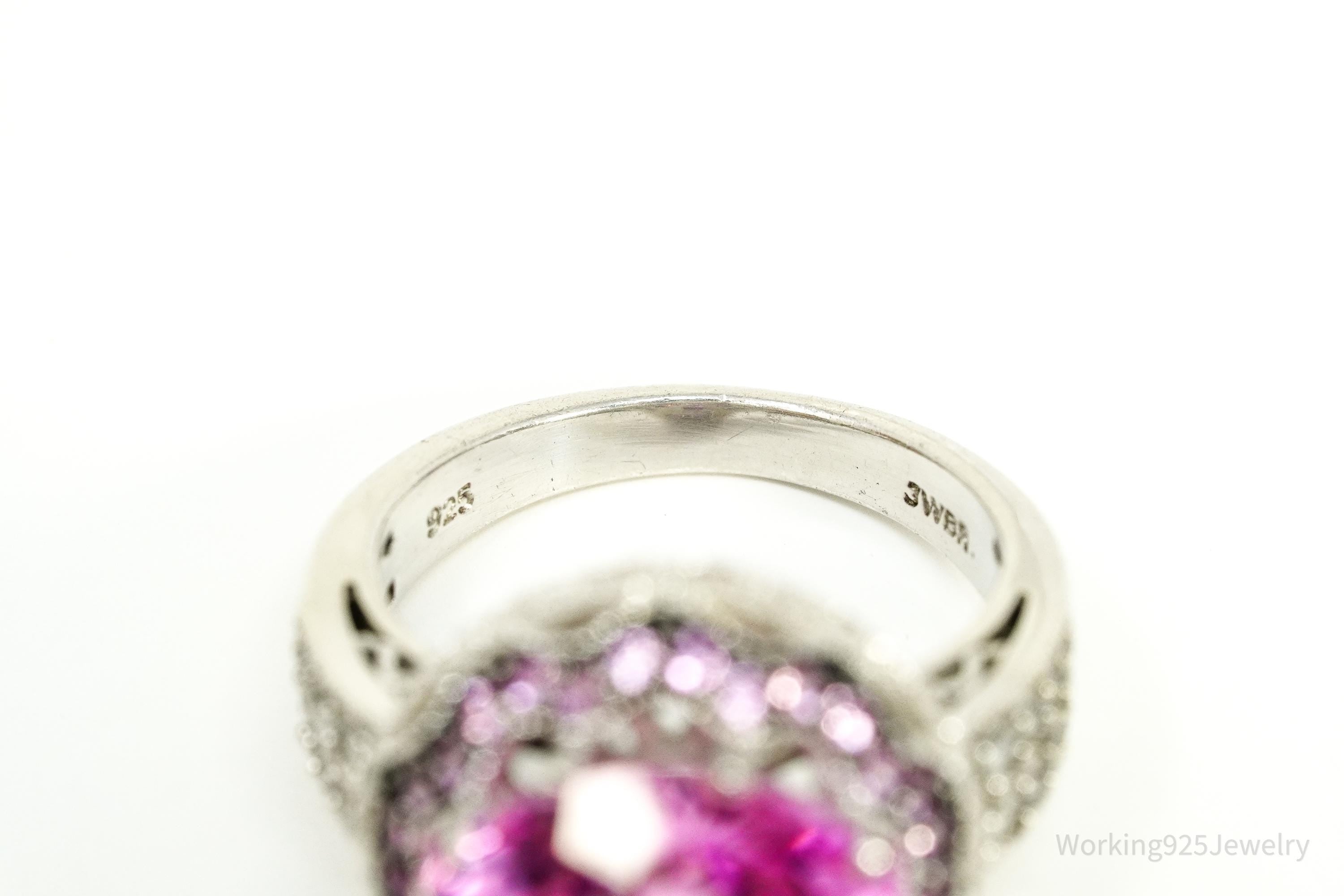 Vintage Large Pink & White Sapphire Sterling Silver Ring - Size 6.5